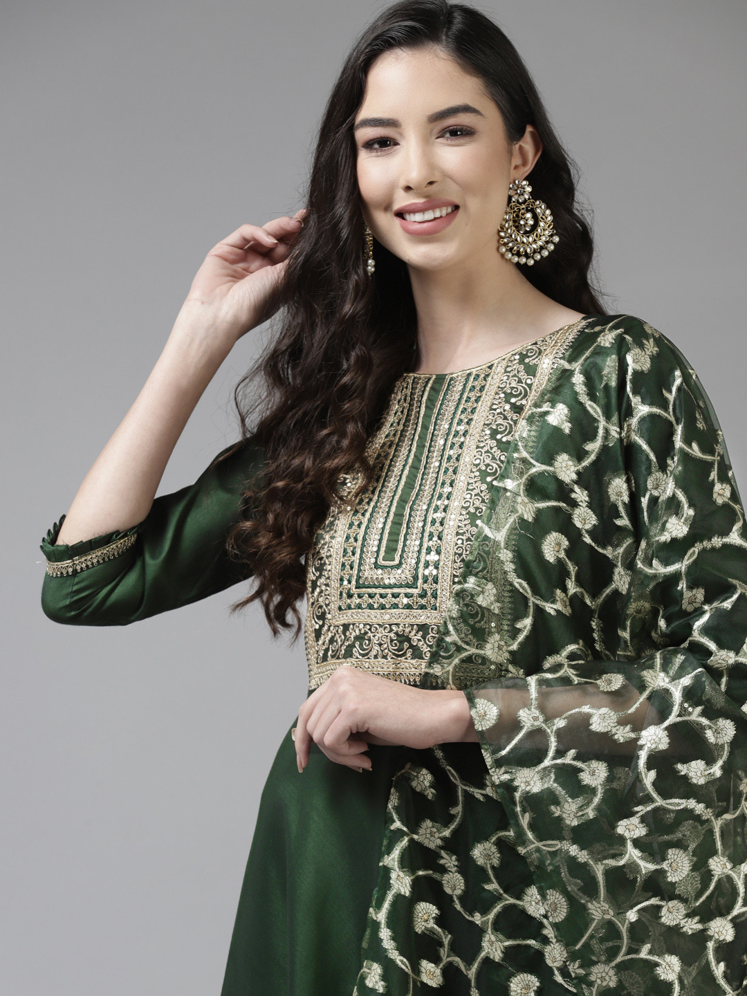 

Indo Era Women Green & Golden Yoke Embroidered Anarkali Kurta with Dupatta