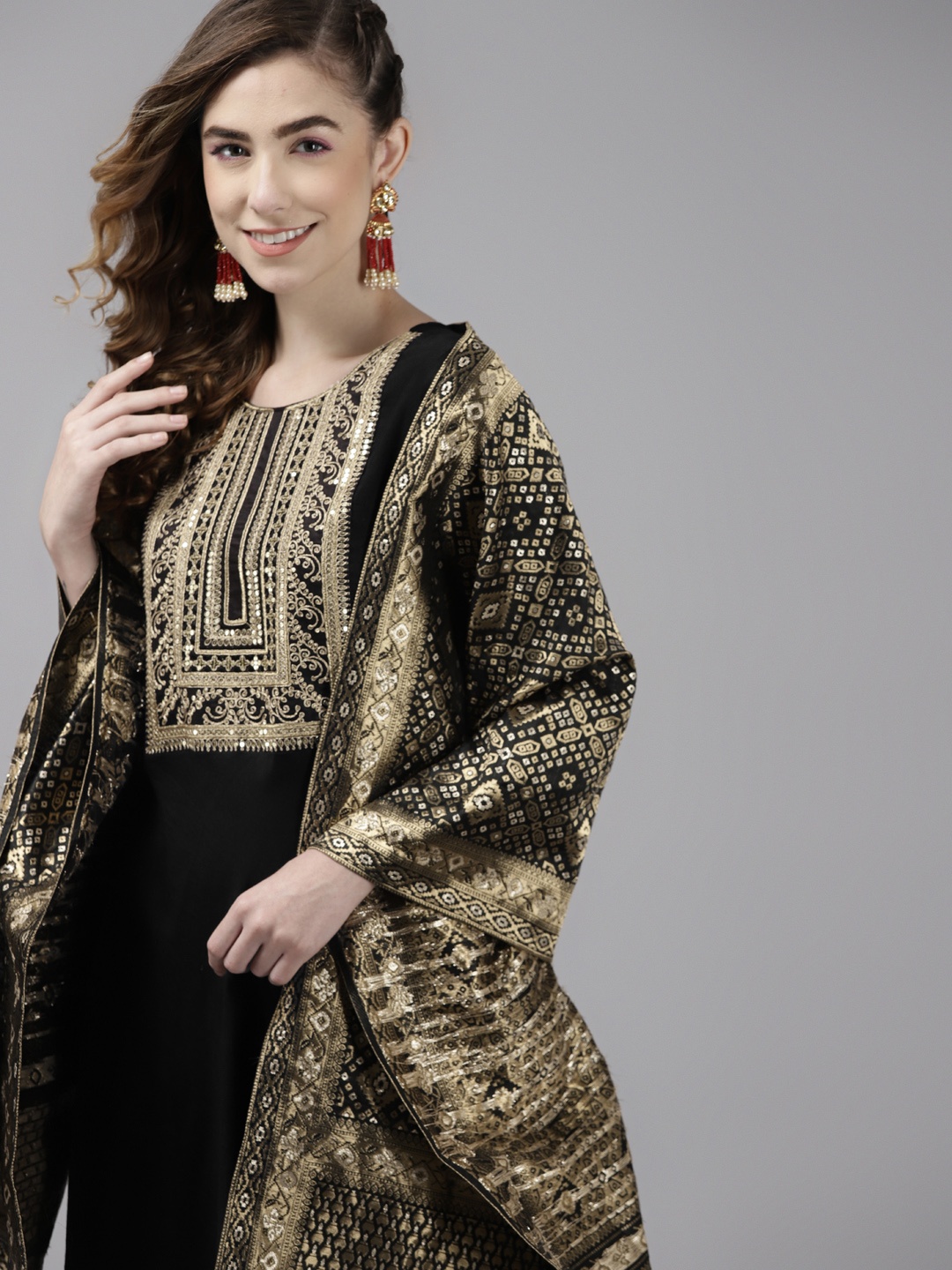 

Indo Era Women Black & Golden Yoke Design Embroidered Sequinned Liva Kurta with Dupatta