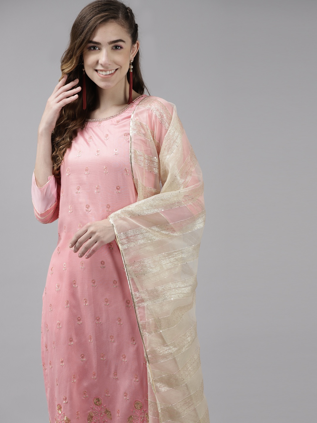 

Indo Era Women Pink Floral Embroidered Sequinned Liva Kurta with Palazzos & With Dupatta