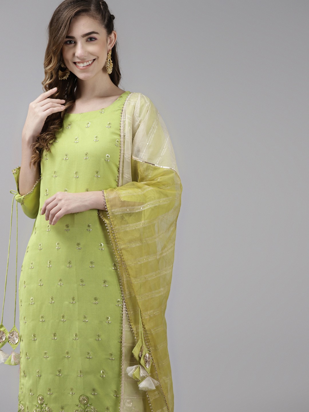 

Indo Era Women Green & Golden Ethnic Motifs Embroidered Kurta with Trousers & With Dupatta