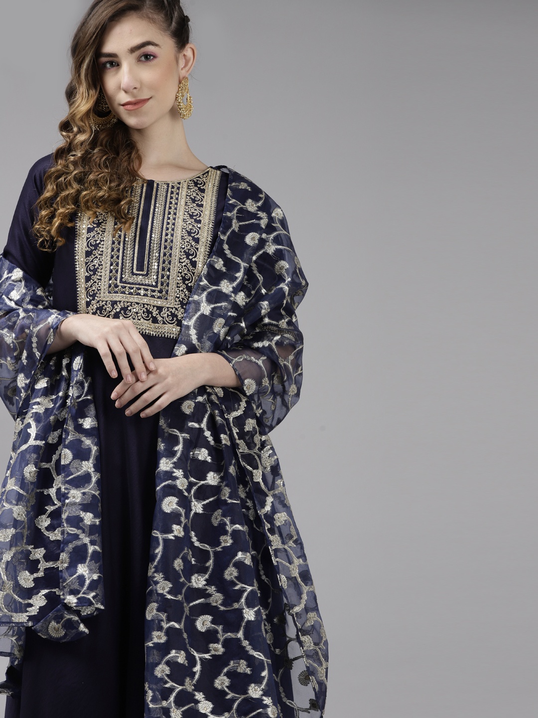 

Indo Era Women Navy Blue Yoke Design Liva Kurta With Dupatta