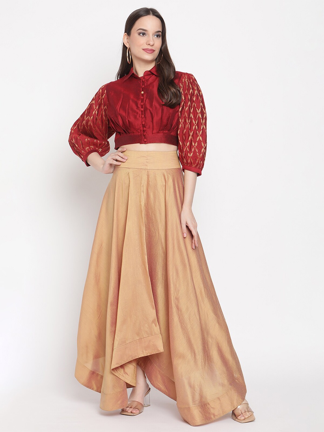 

Abhishti Red & Golden Solid Banarasi Shirt Style Crop Top