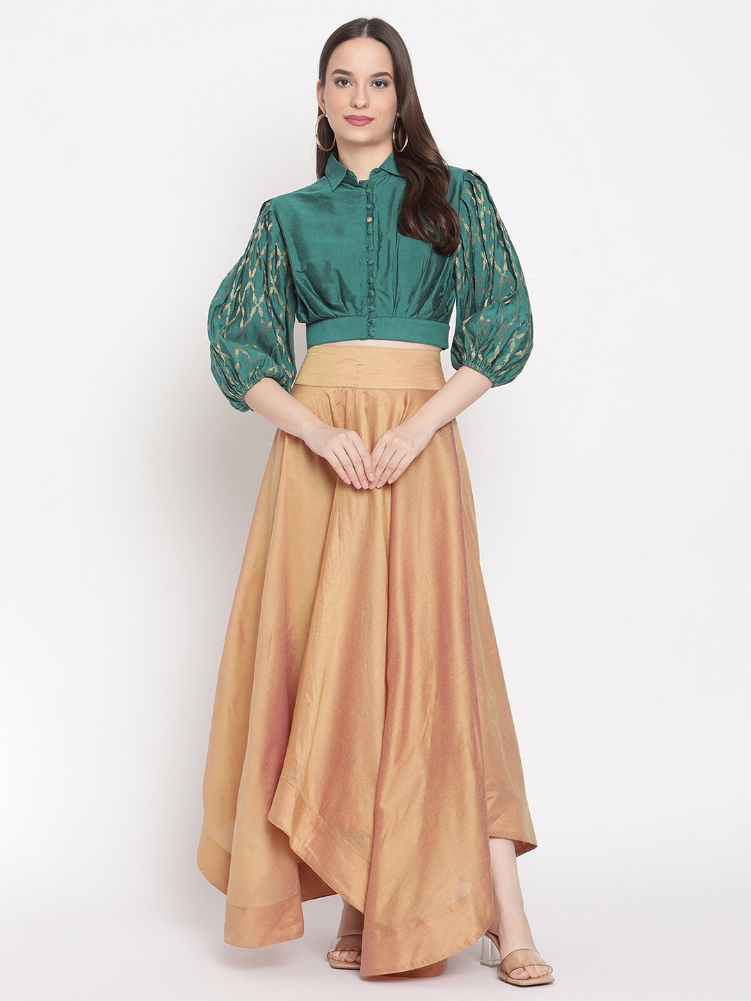 

Abhishti Green & Golden Solid Banarasi Shirt Style Crop Top
