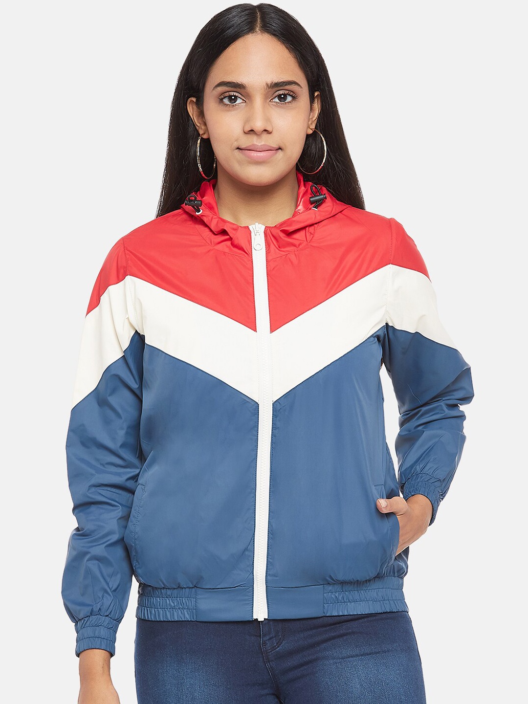 

People Women Blue & Red Colourblocked Sporty Jacket