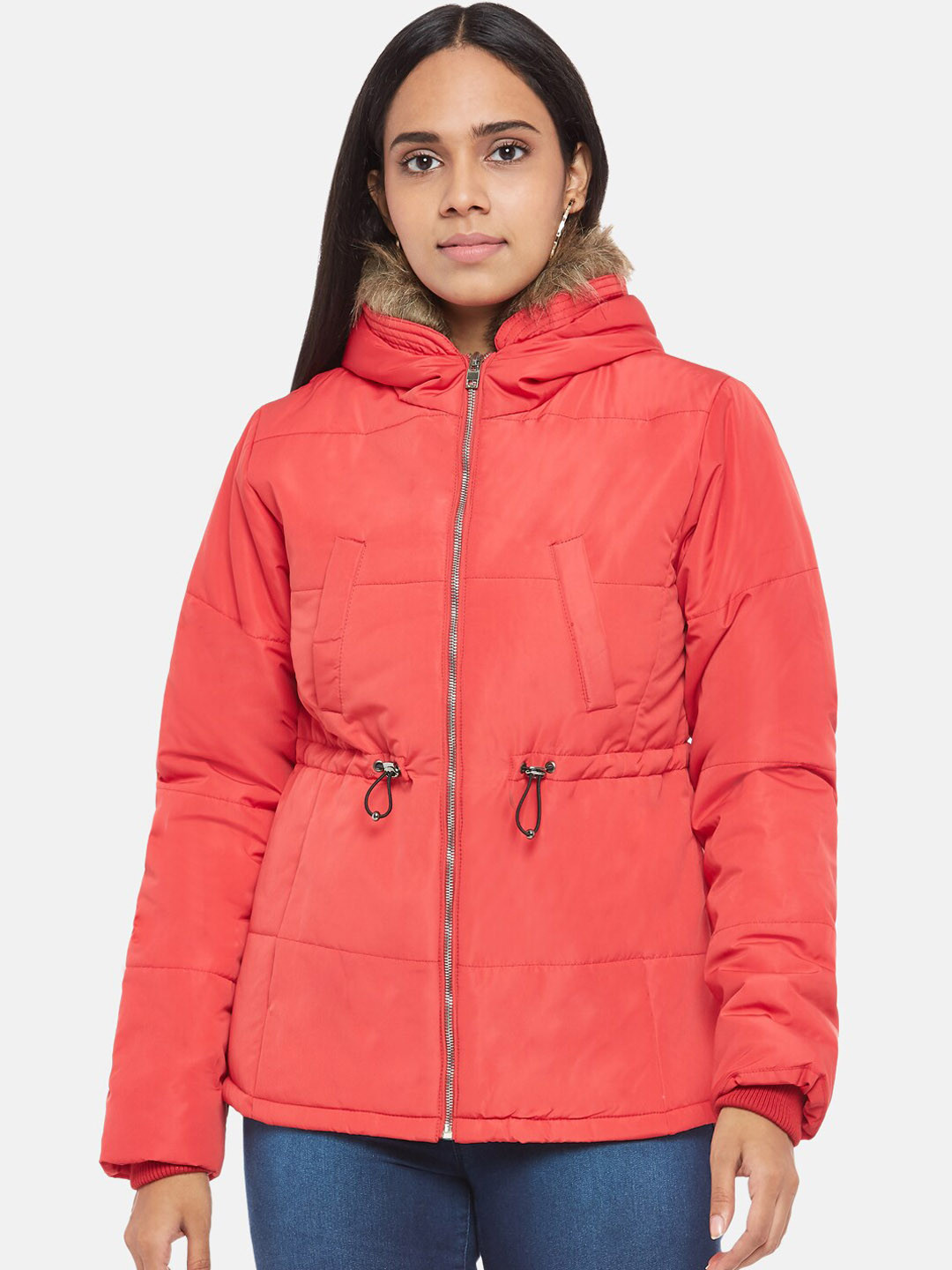 

People Women Red Solid Regular Bomber Jacket With Faux Fur Trim