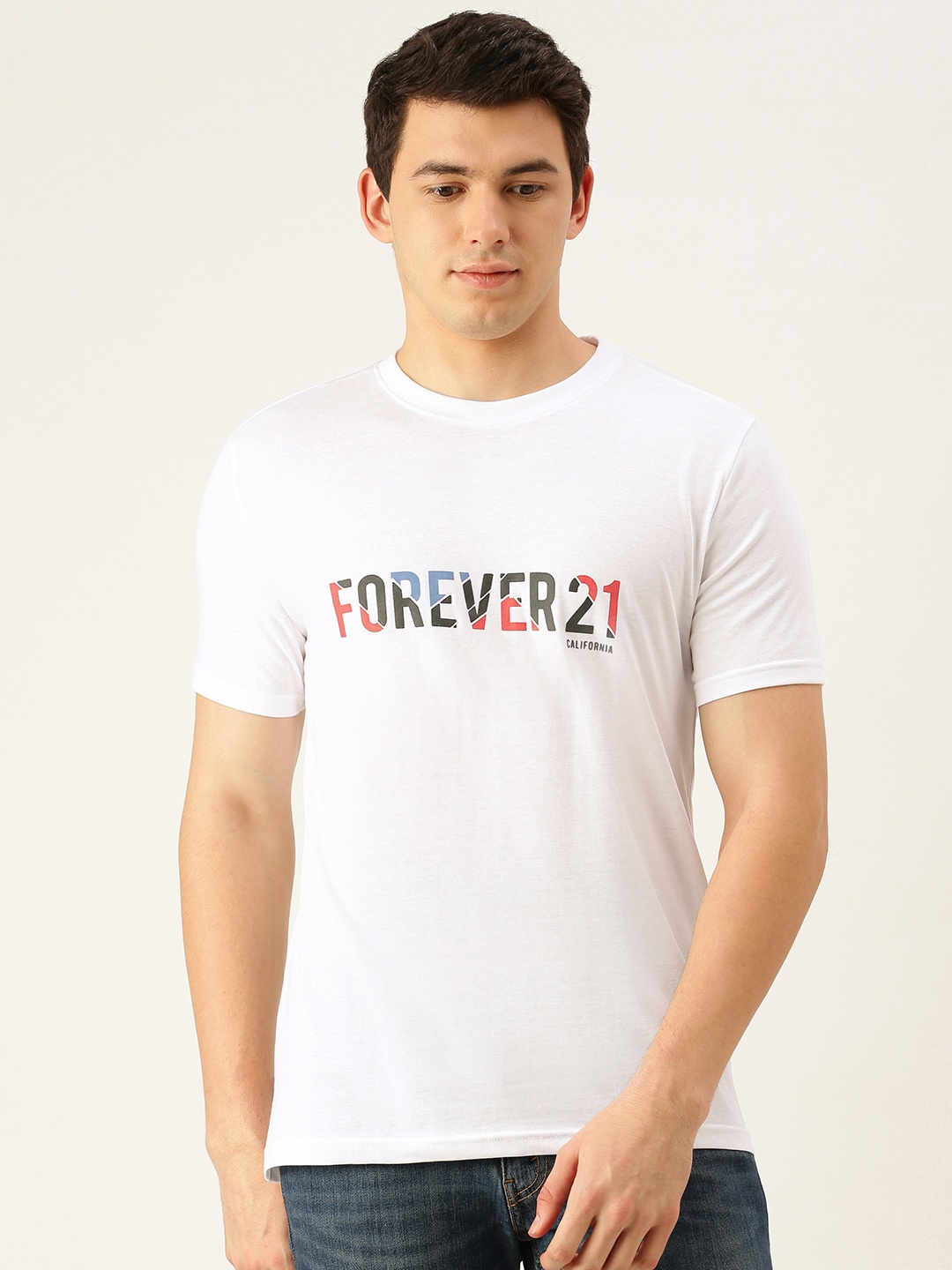 

FOREVER 21 Men White & Red Brand Logo Printed Round Neck T-shirt