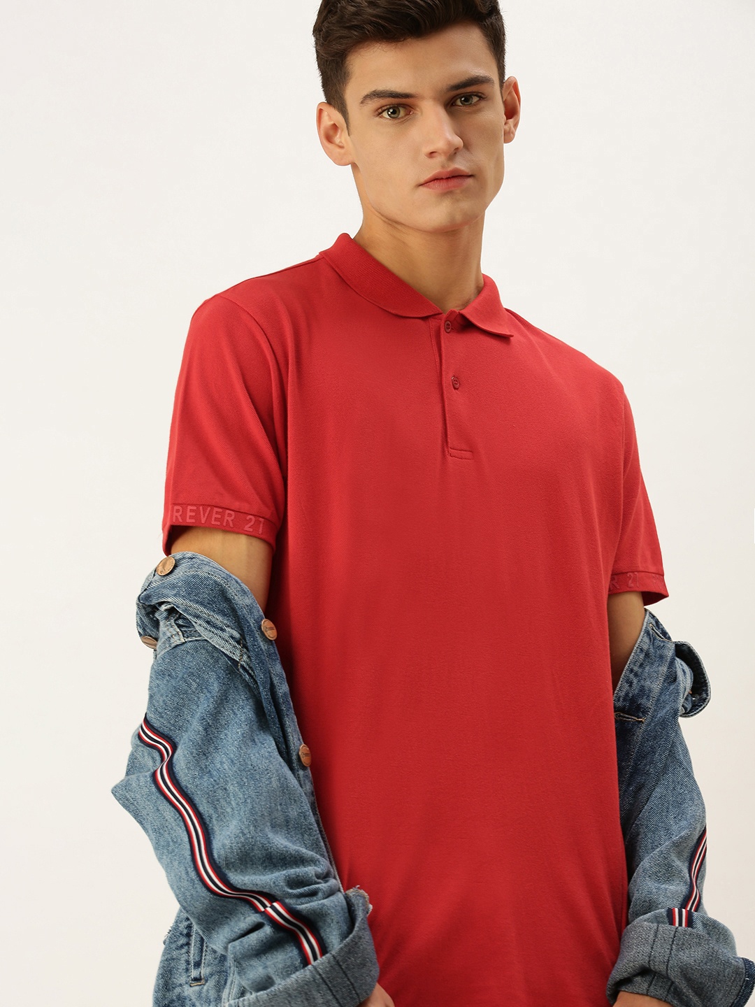 

FOREVER 21 Men Red Self Designed Polo Collar T-shirt