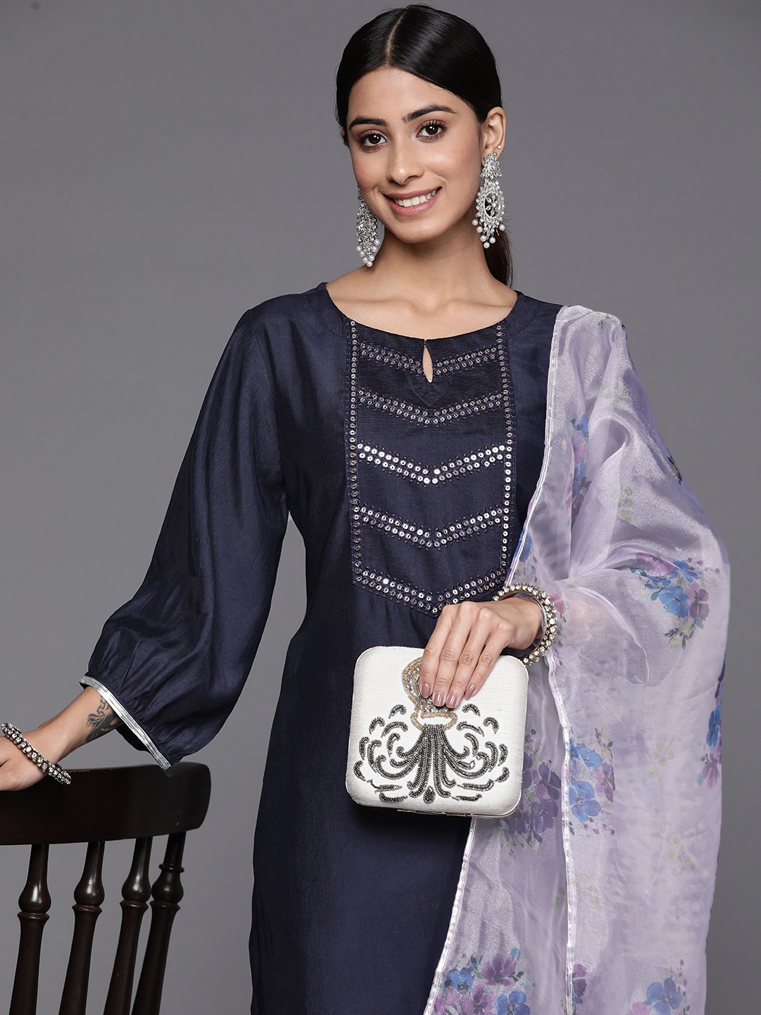 

Indo Era Liva Kurta with Trousers & With Dupatta, Navy blue