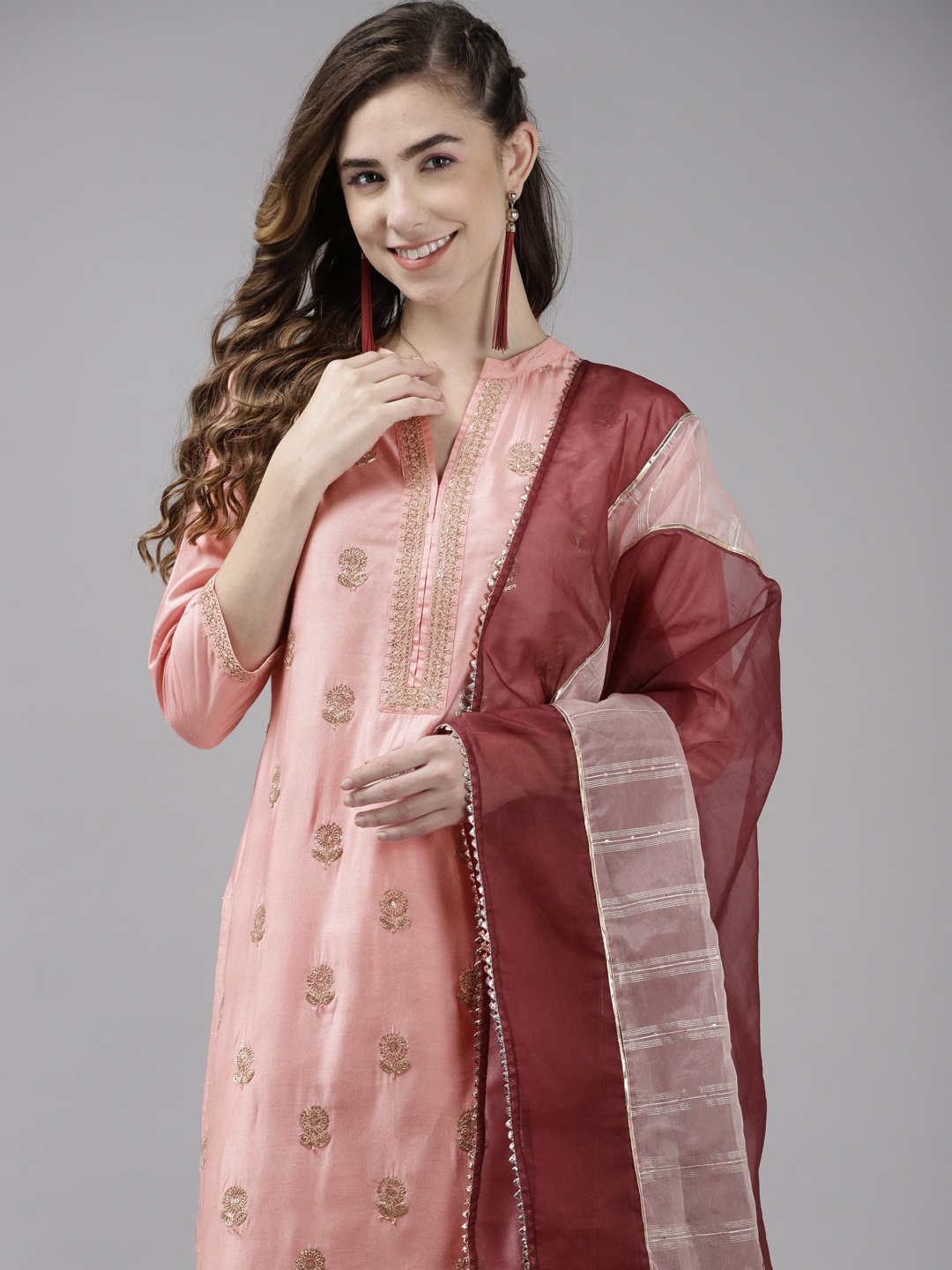 

Indo Era Women Pink Embroidered Sequinned Kurta with Trousers & With Dupatta