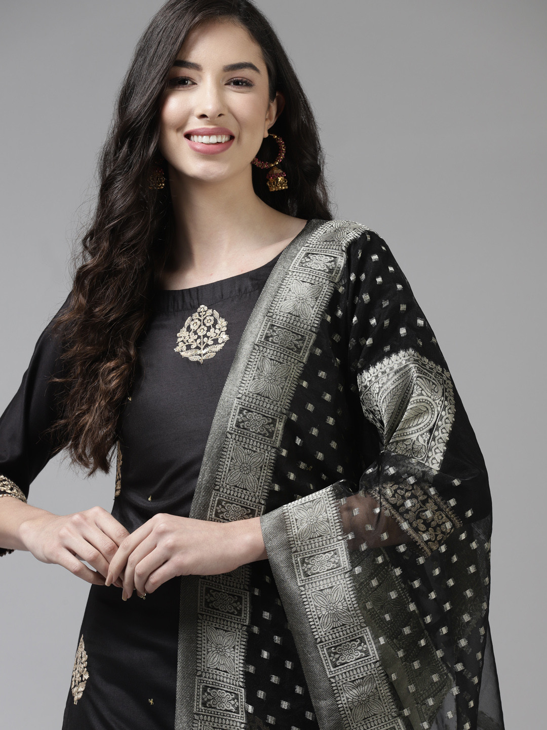 

Indo Era Women Black & Golden Floral Embroidered Sequinned Kurta with Palazzos & Dupatta