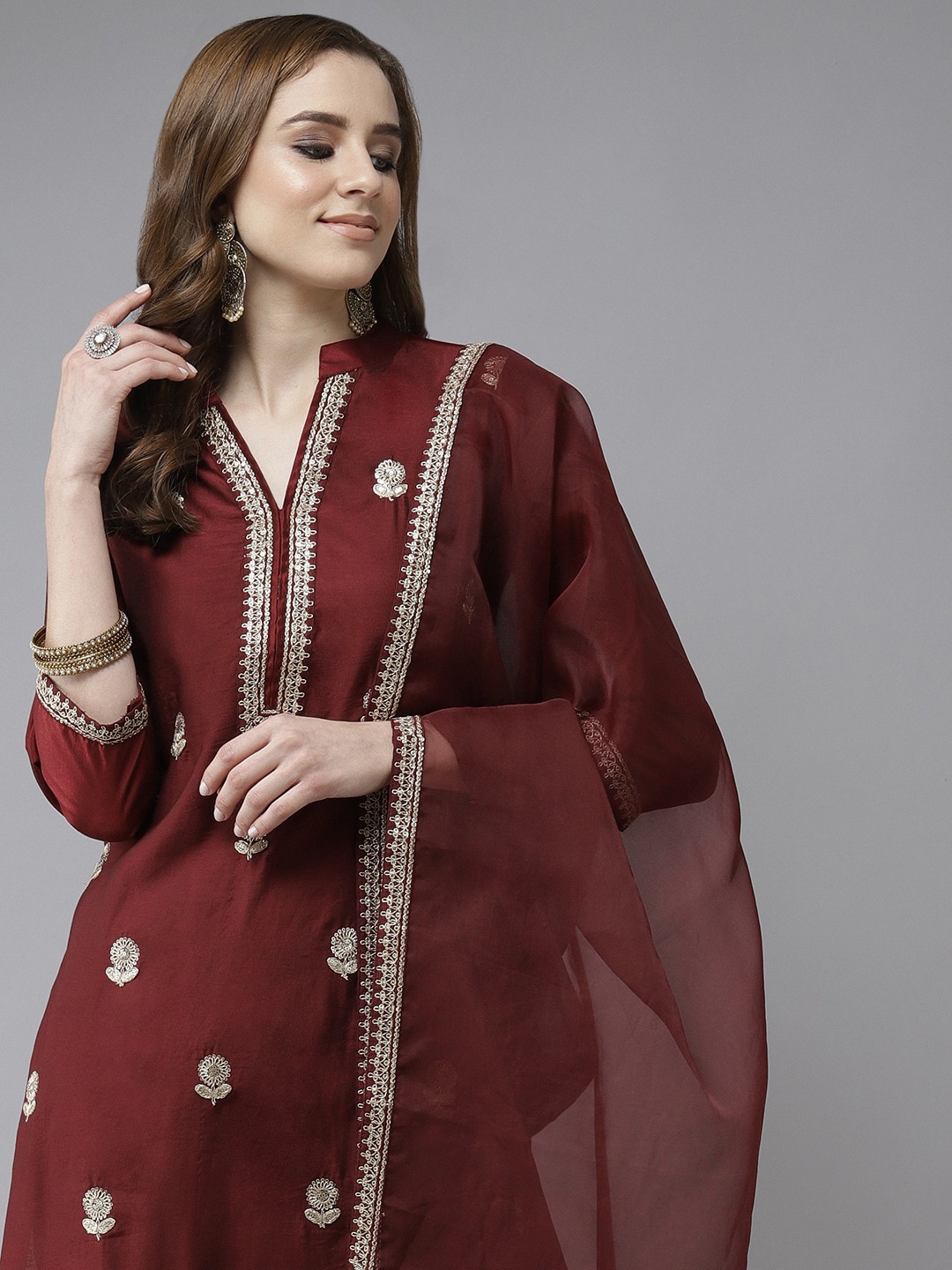 

Indo Era Women Maroon Embroidered Sequinned Kurta with Trousers & With Dupatta