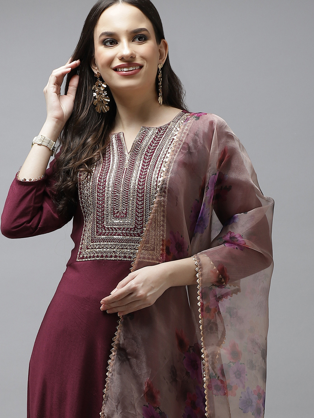 

Indo Era Women Burgundy Embroidered Liva Empire Kurta Set With Dupatta