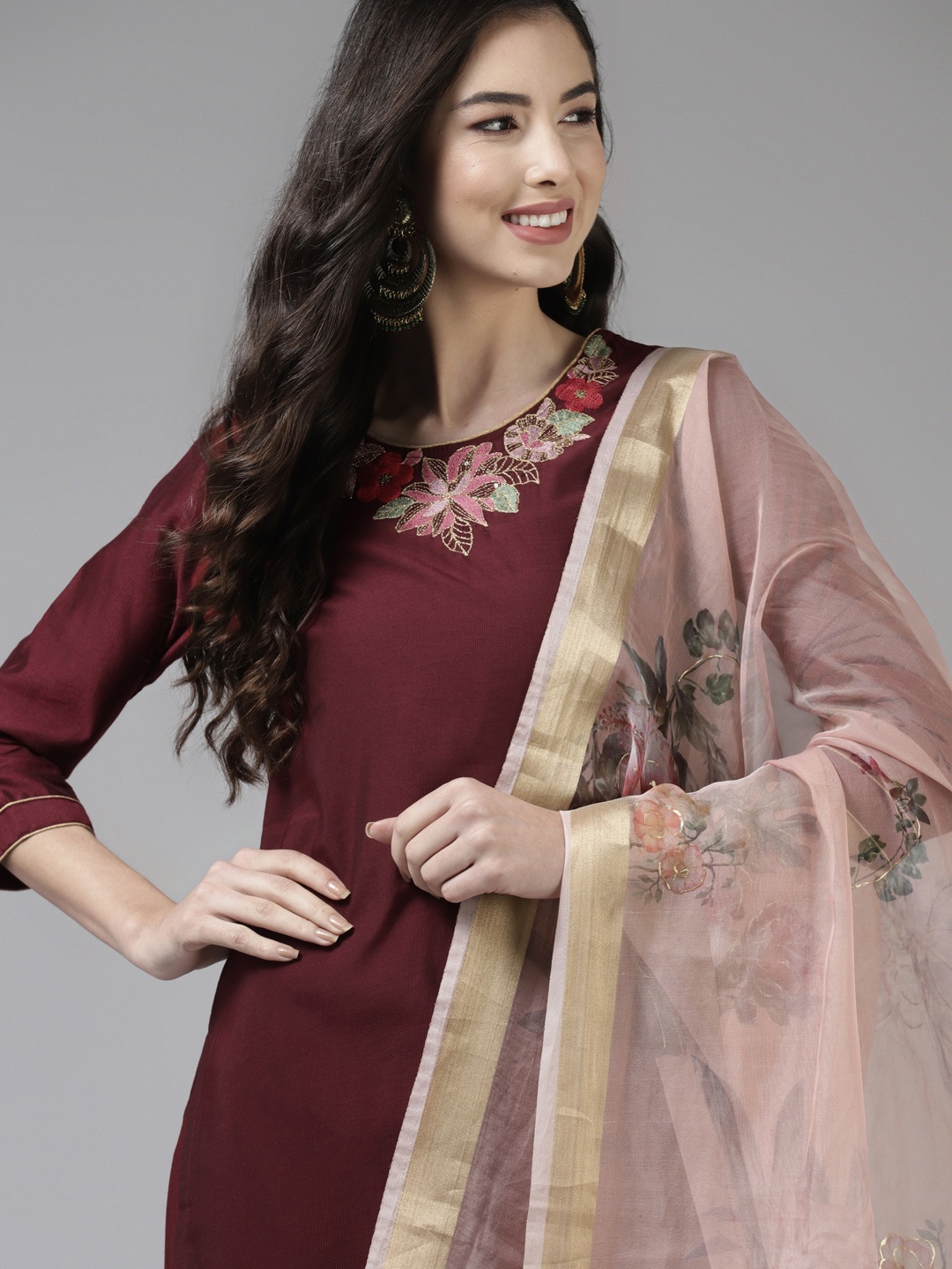 

Indo Era Maroon & Pink Striped Floral Thread Work Liva Straight Kurta Palazzos Dupatta
