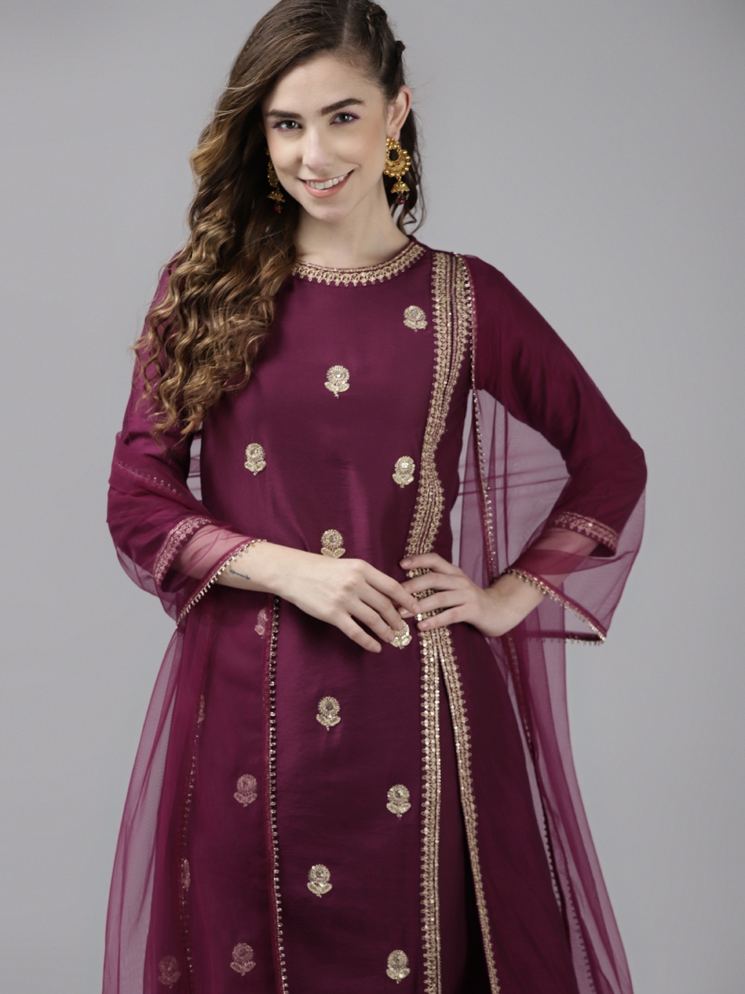 

Indo Era Aubergine & Gold Ethnic Motifs Embroidery High Slit A-Line Kurta Trousers Dupatta, Purple