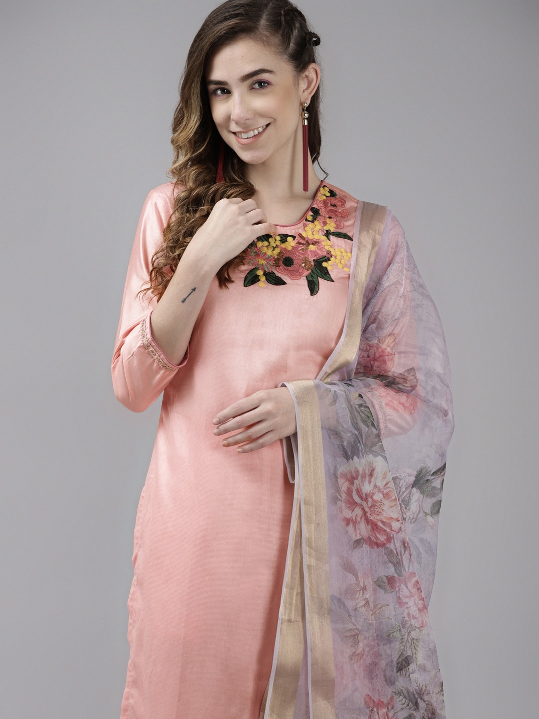 

Indo Era Women Pink Embroidered Thread Work Kurta with Palazzos & With Dupatta