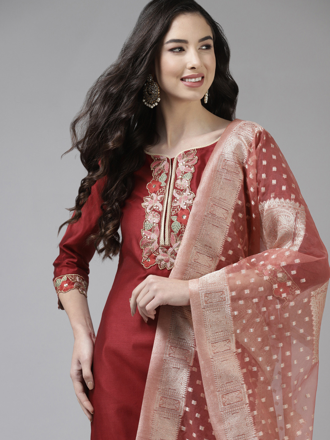 

Indo Era Women Maroon Floral Embroidered Sequinned Festive Kurta with Trousers & Dupatta