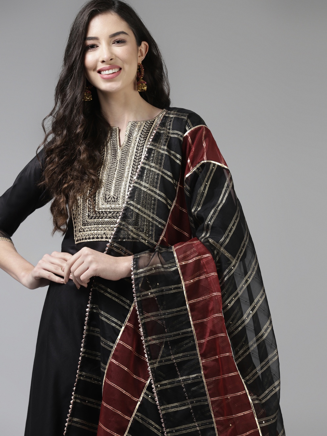 

Indo Era Women Black Yoke Design Pleated Sequinned Liva Kurta with Trousers & With Dupatta