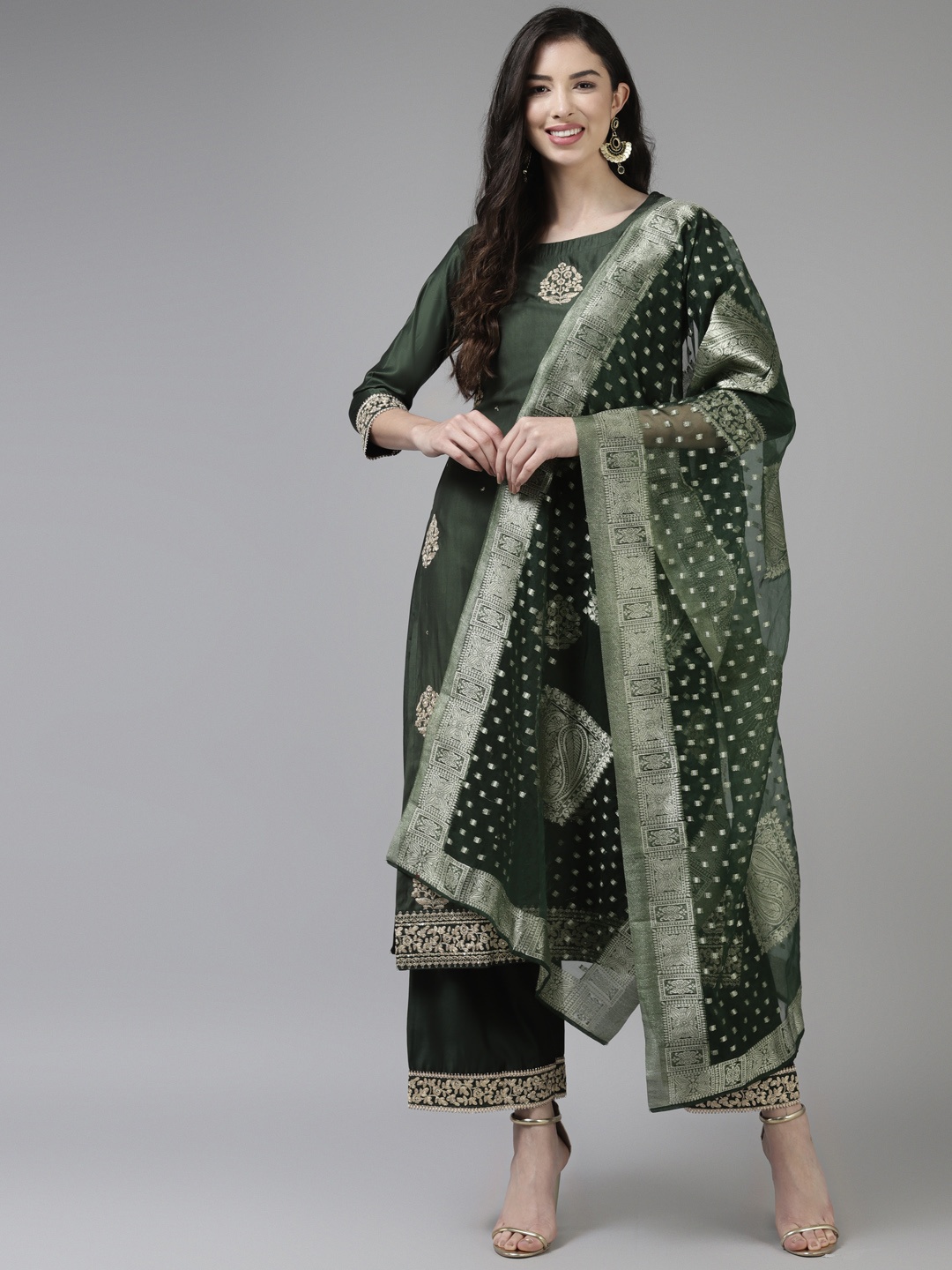 

Indo Era Women Green & Golden Ethnic Motifs Embroidered Kurta with Palazzos & With Dupatta