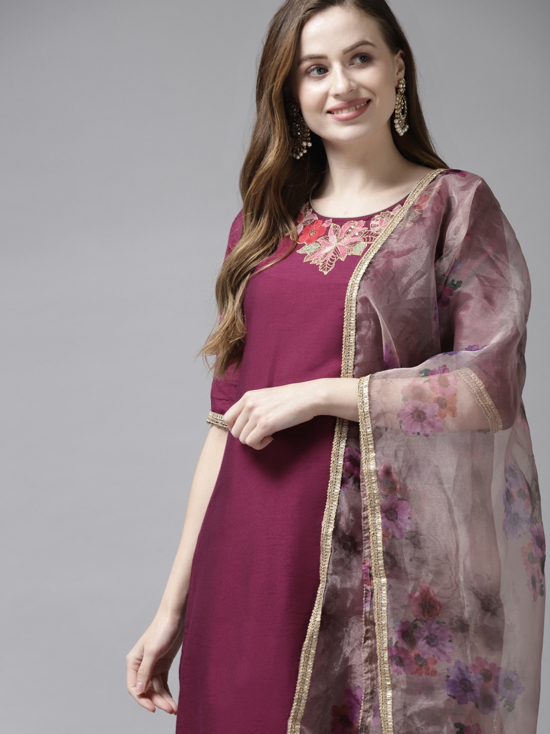 

Indo Era Women Burgundy Floral Embroidered Kurta with Palazzos & With Dupatta