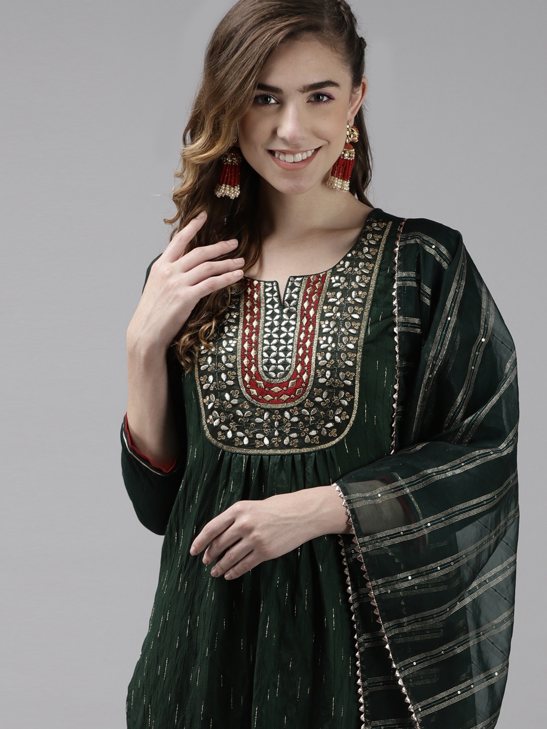 

Indo Era Women Green & Maroon Sequinned Liva Kurta with Trousers & With Dupatta