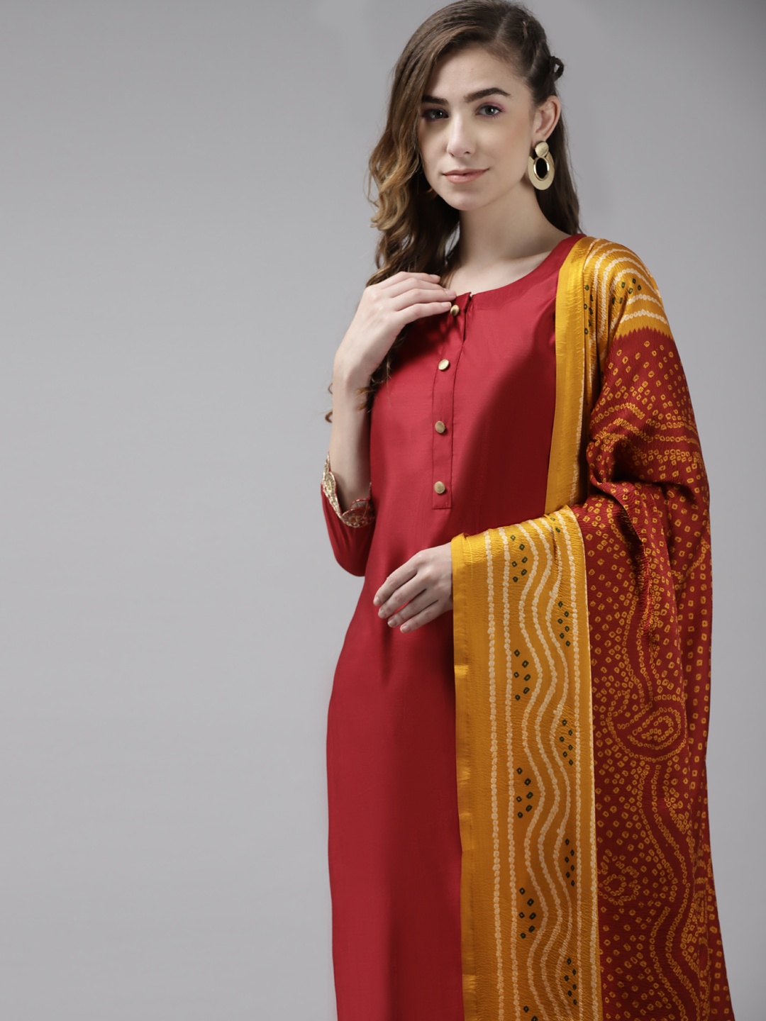

Indo Era Women Red Sequinned Pure Cotton Kurta with Palazzos & With Dupatta