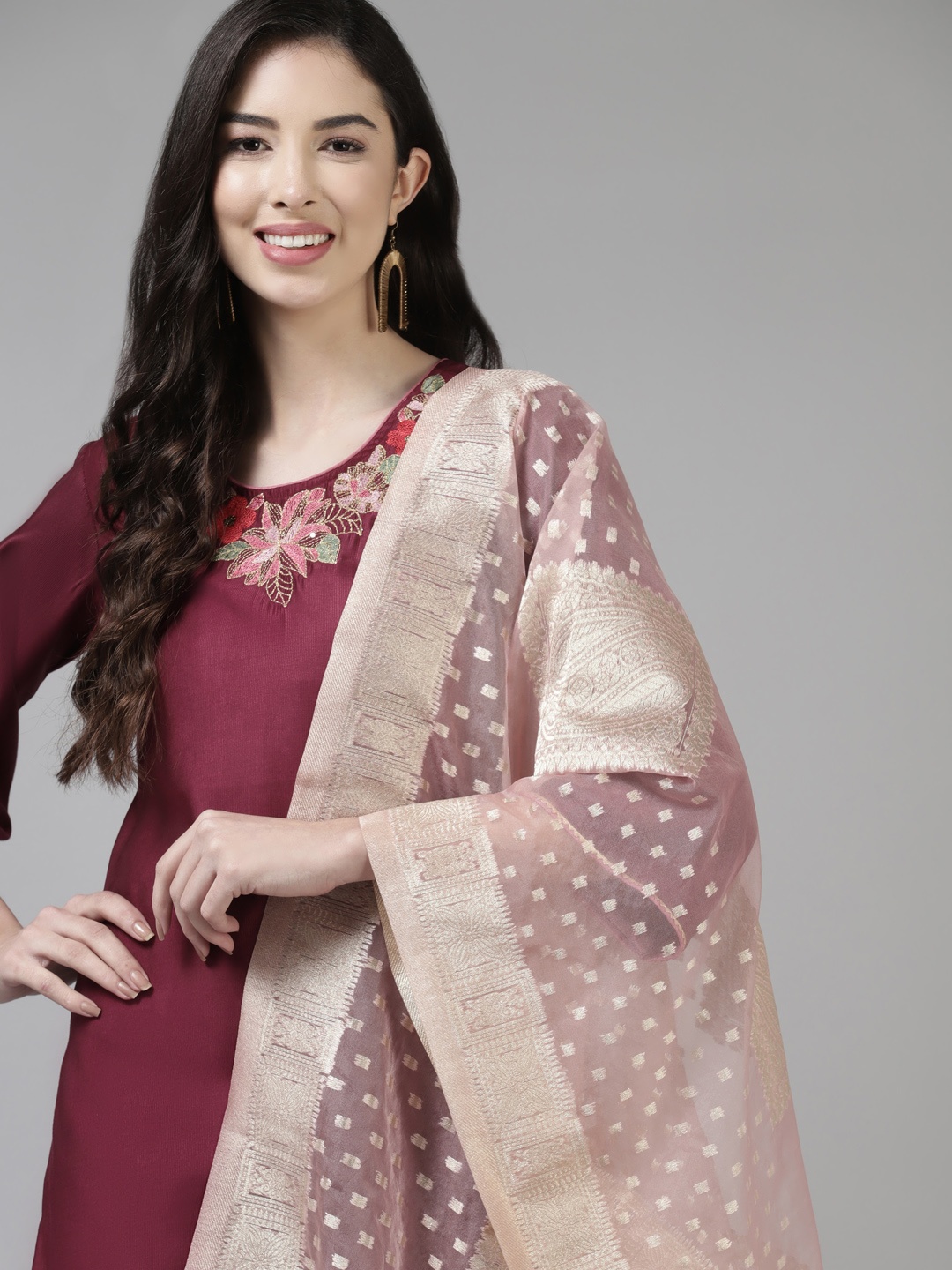 

Indo Era Women Burgundy Floral Embroidered Thread Work Liva Kurta with Palazzos & With Dupatta