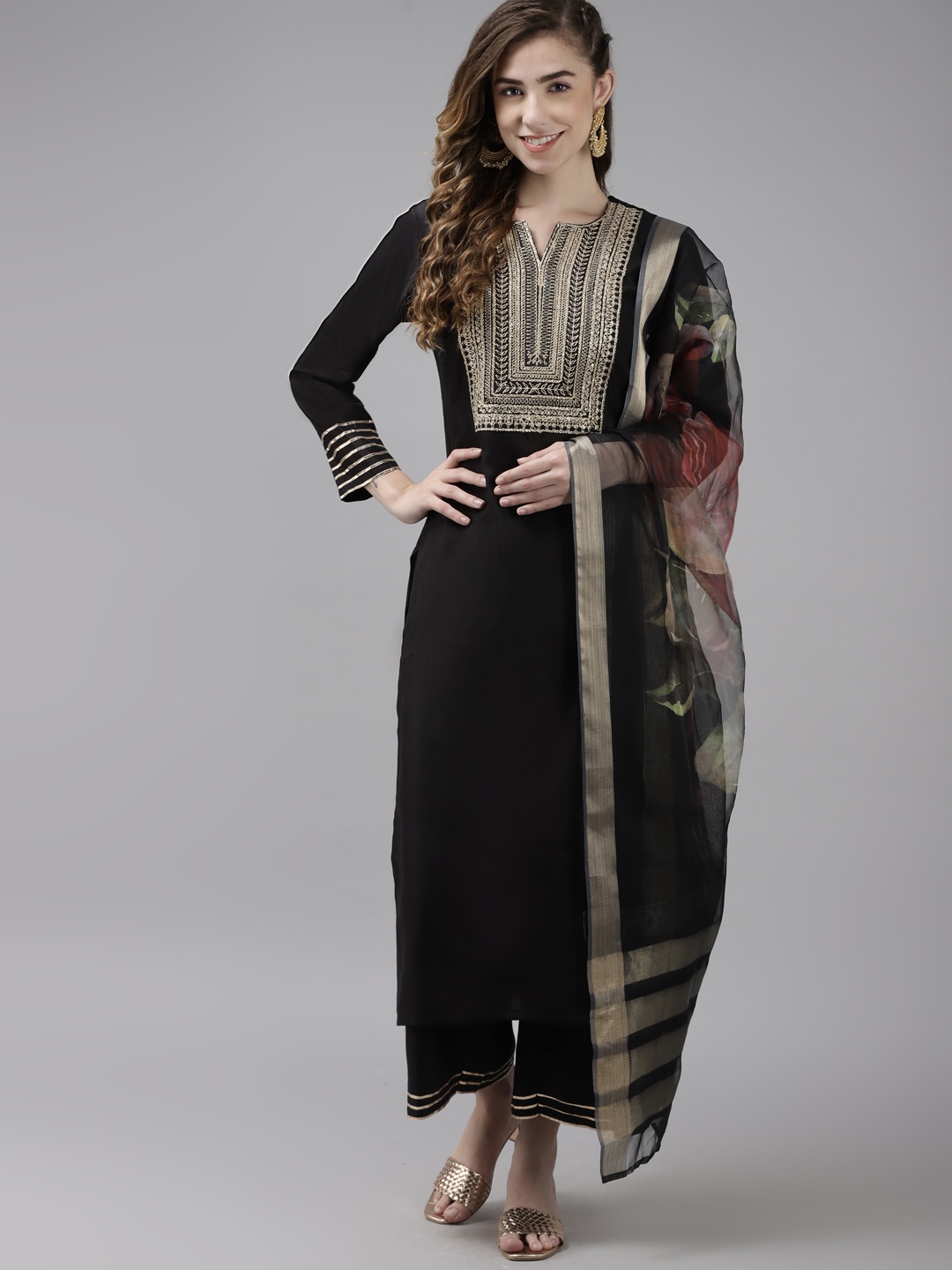 

Indo Era Women Black Ethnic Motifs Embroidered Sequinned Liva Kurta with Palazzos & With Dupatta