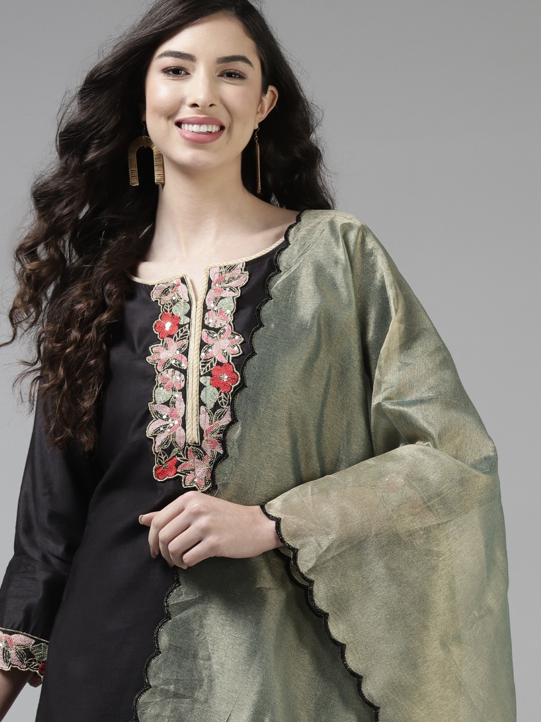 

Indo Era Women Black Yoke Design Sequinned Liva Kurta with Trousers & With Dupatta