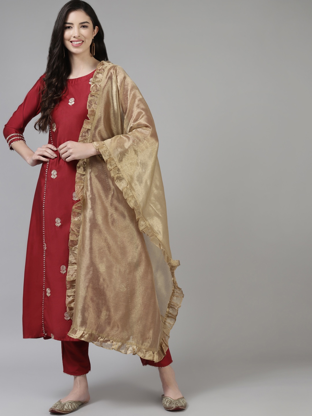 

Indo Era Red & Gold Striped Ethnic Motifs Embroidered Liva A-line Kurta Trousers Dupatta