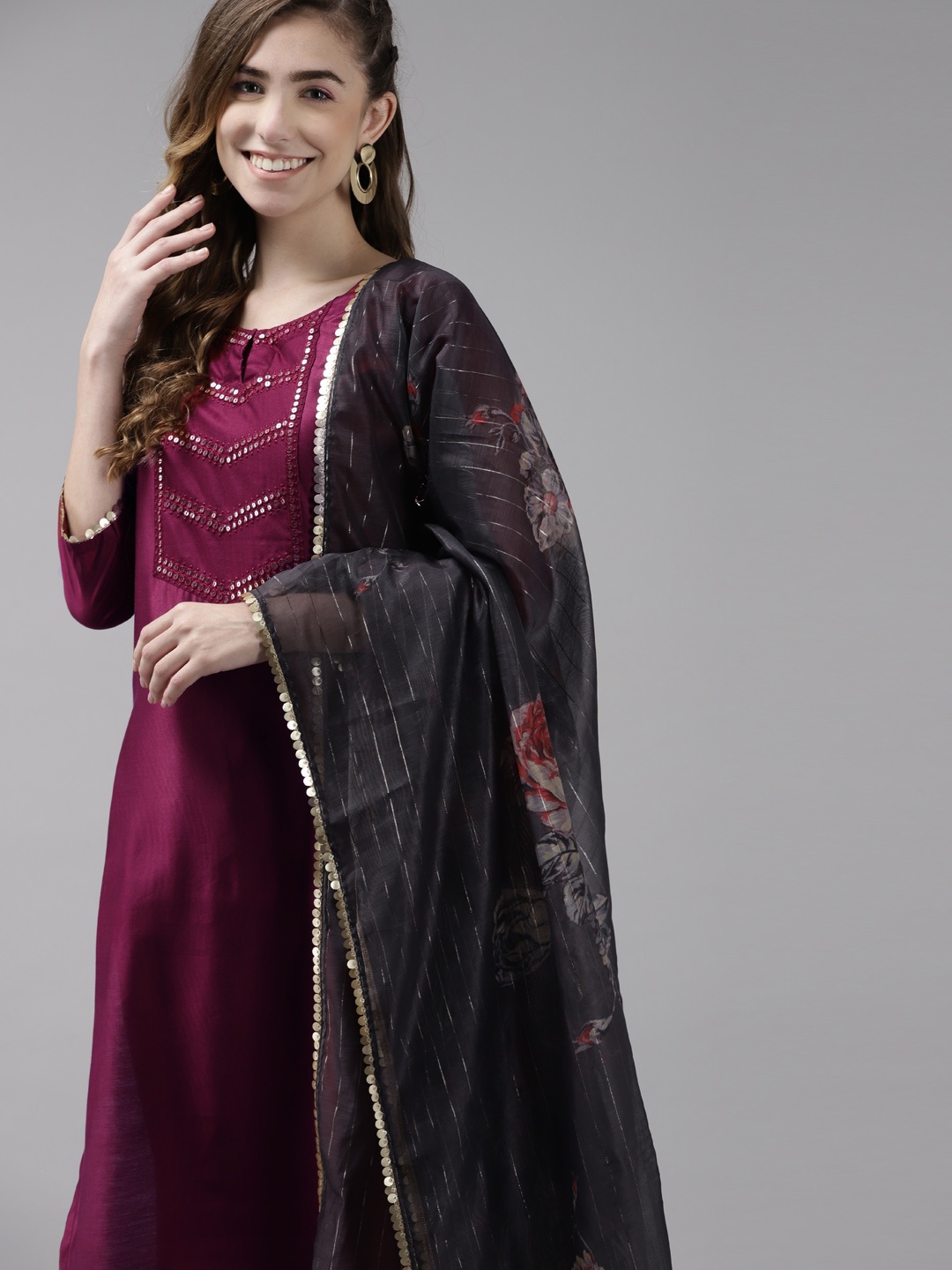 

Indo Era Women Magenta Liva Kurta with Trousers & Dupatta