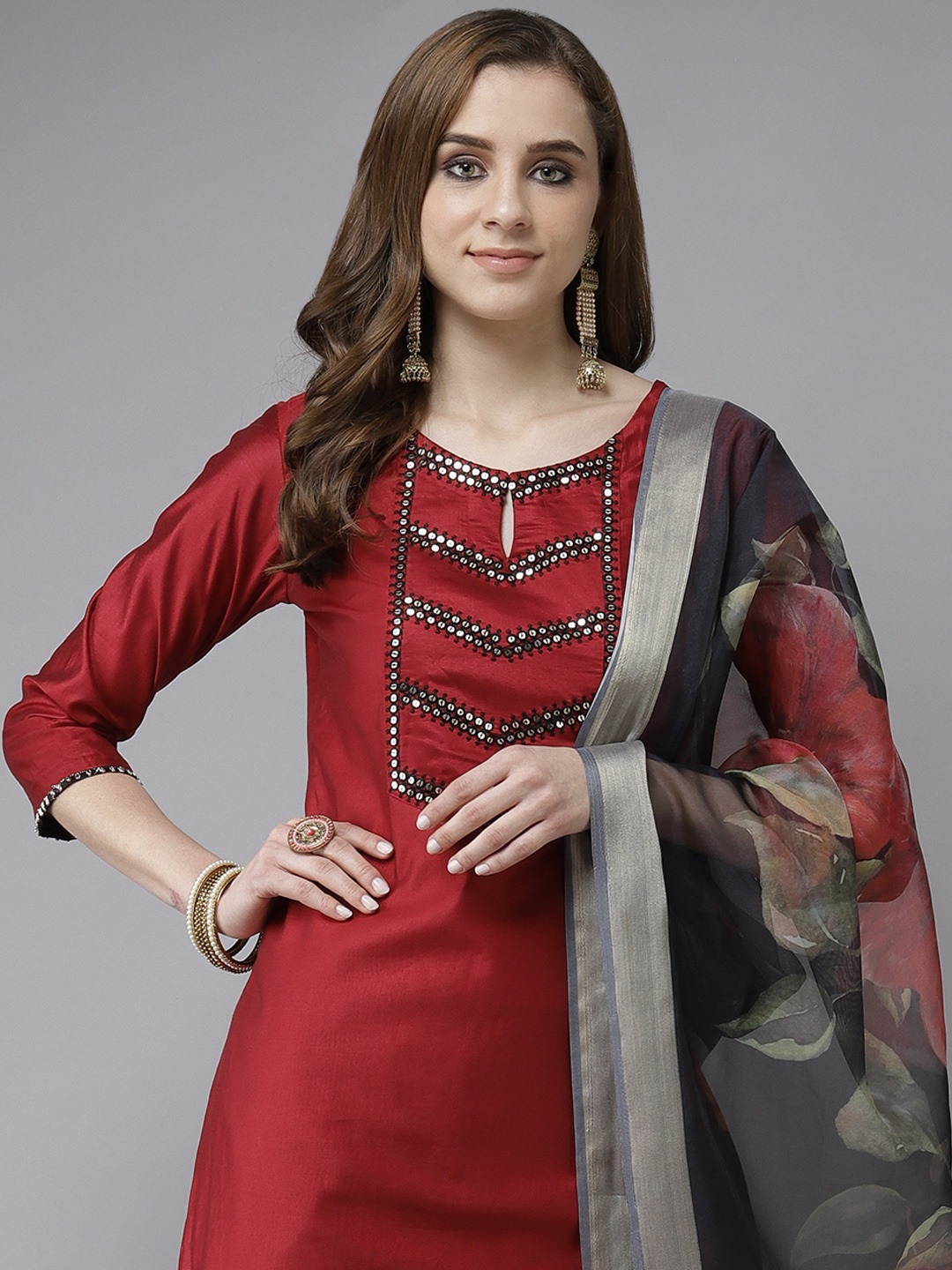 

Indo Era Women Red & Black Kurta with Trousers & With Dupatta