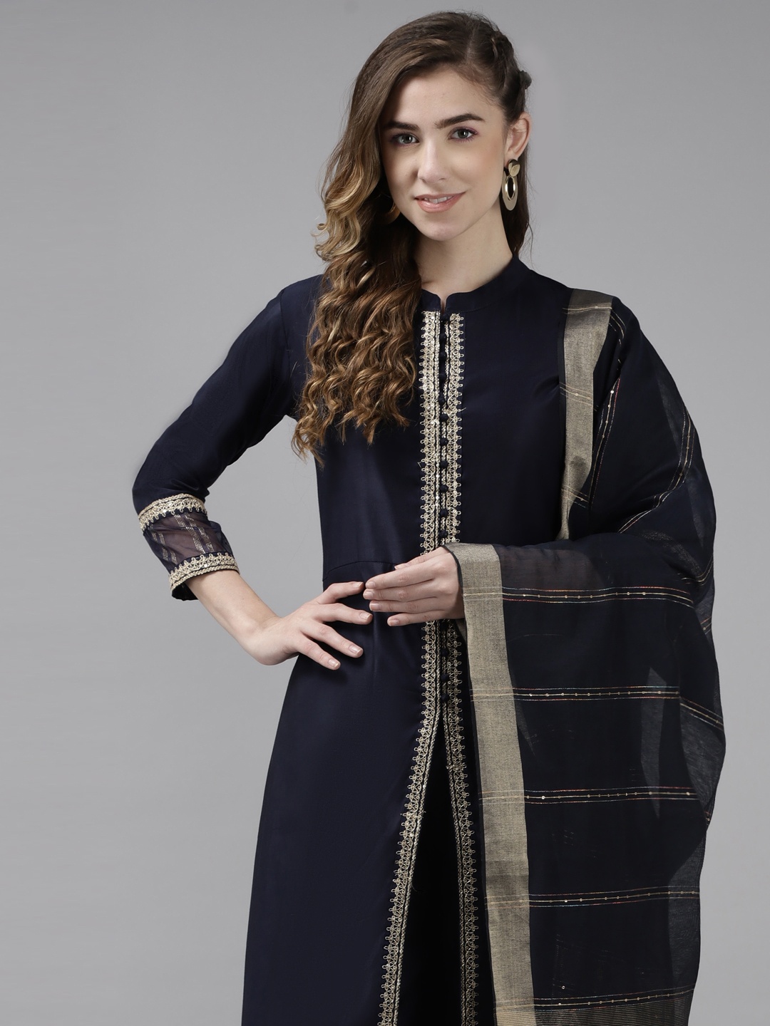 

Indo Era Women Navy Blue Kurta with Trousers & Dupatta