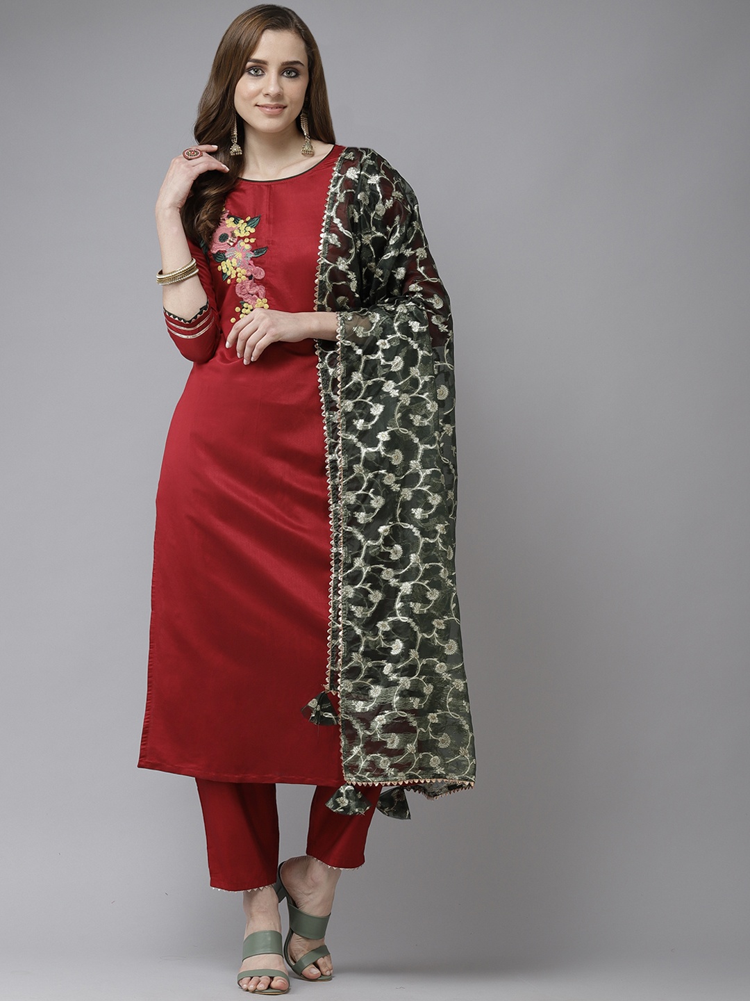 

Indo Era Women Red & Yellow Floral Embroidered Kurta with Trousers & With Dupatta