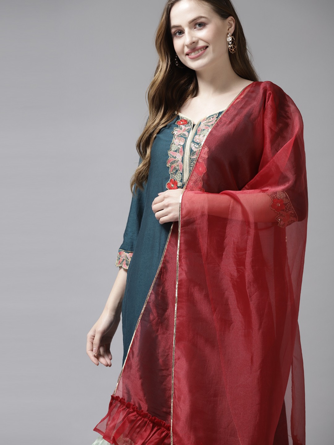 

Indo Era Women Green Floral Embroidered Kurta with Trousers & With Dupatta