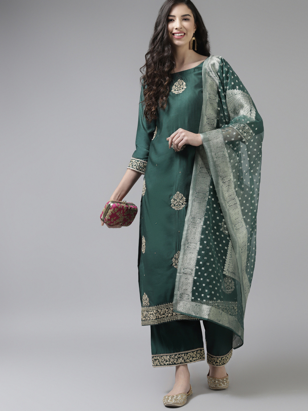 

Indo Era Women Teal Green & Golden Floral Embroidered Liva Kurta with Palazzos & Dupatta