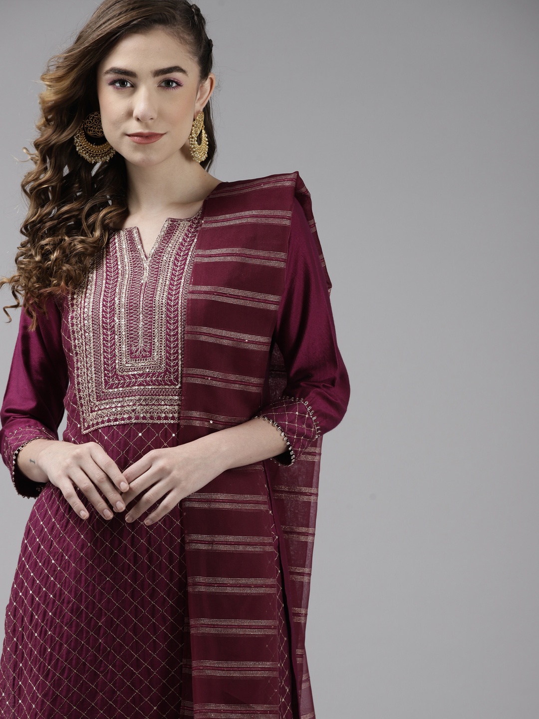 

Indo Era Women Burgundy Yoke Design Sequinned Liva Kurta with Trousers & With Dupatta