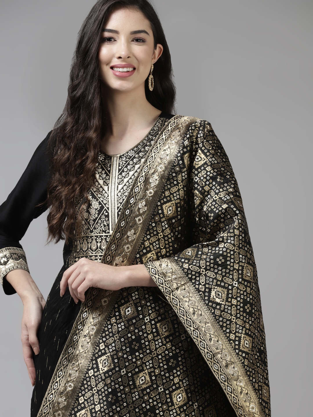 

Indo Era Black & Gold Ethnic Embroidered Sequinned Liva Straight Kurta Trousers Dupatta