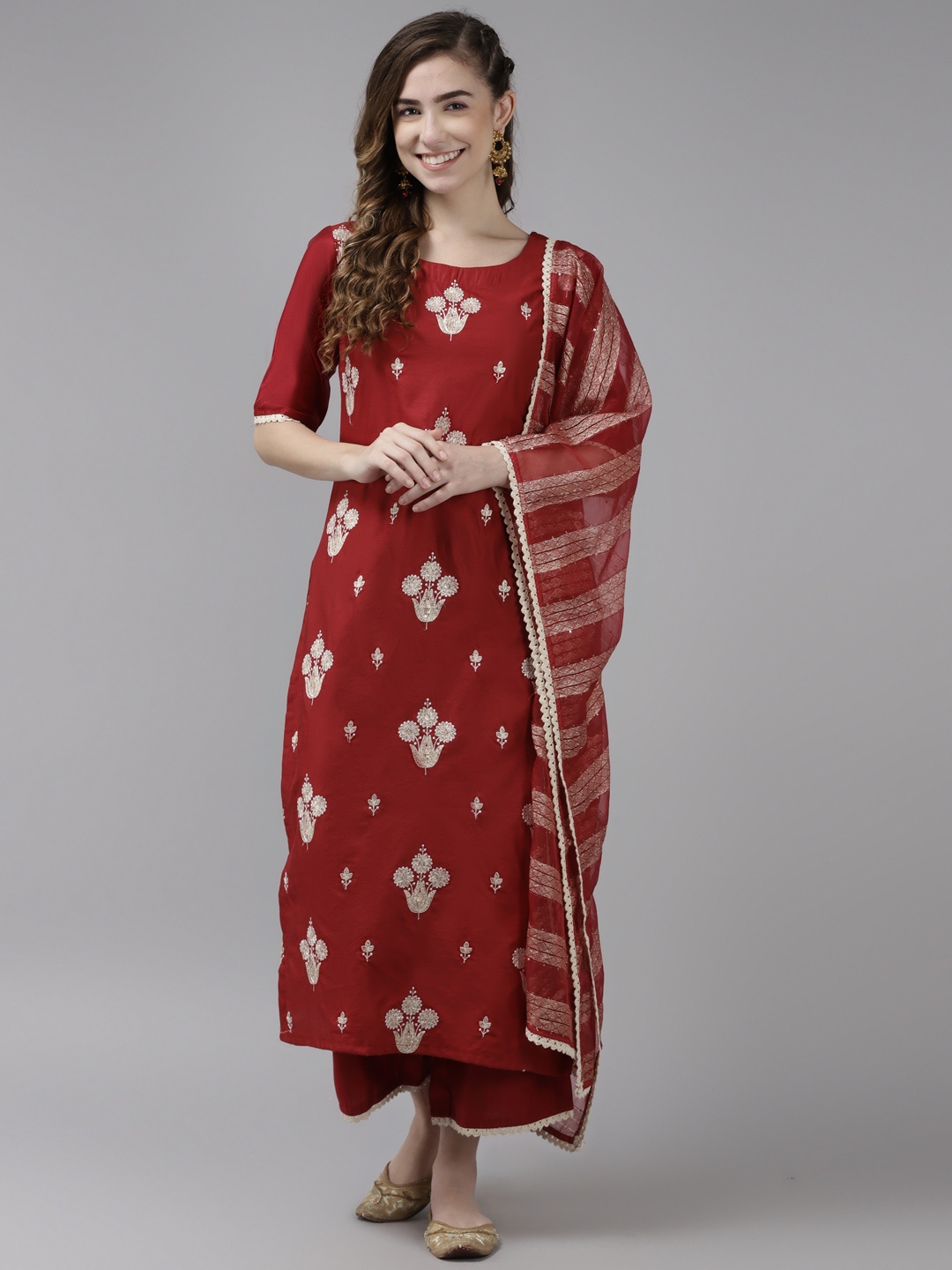 

Indo Era Women Red Ethnic Motifs Embroidered Kurta with Palazzos & With Dupatta