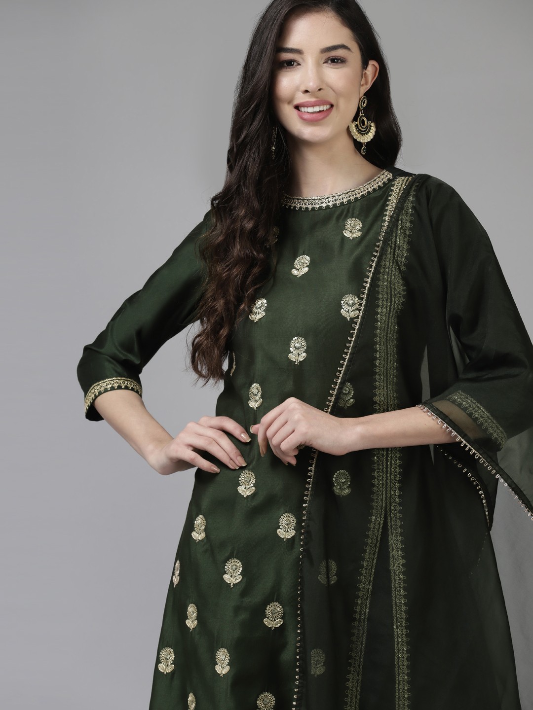 

Indo Era Women Green Ethnic Motifs Embroidered Kurta with Trousers & With Dupatta