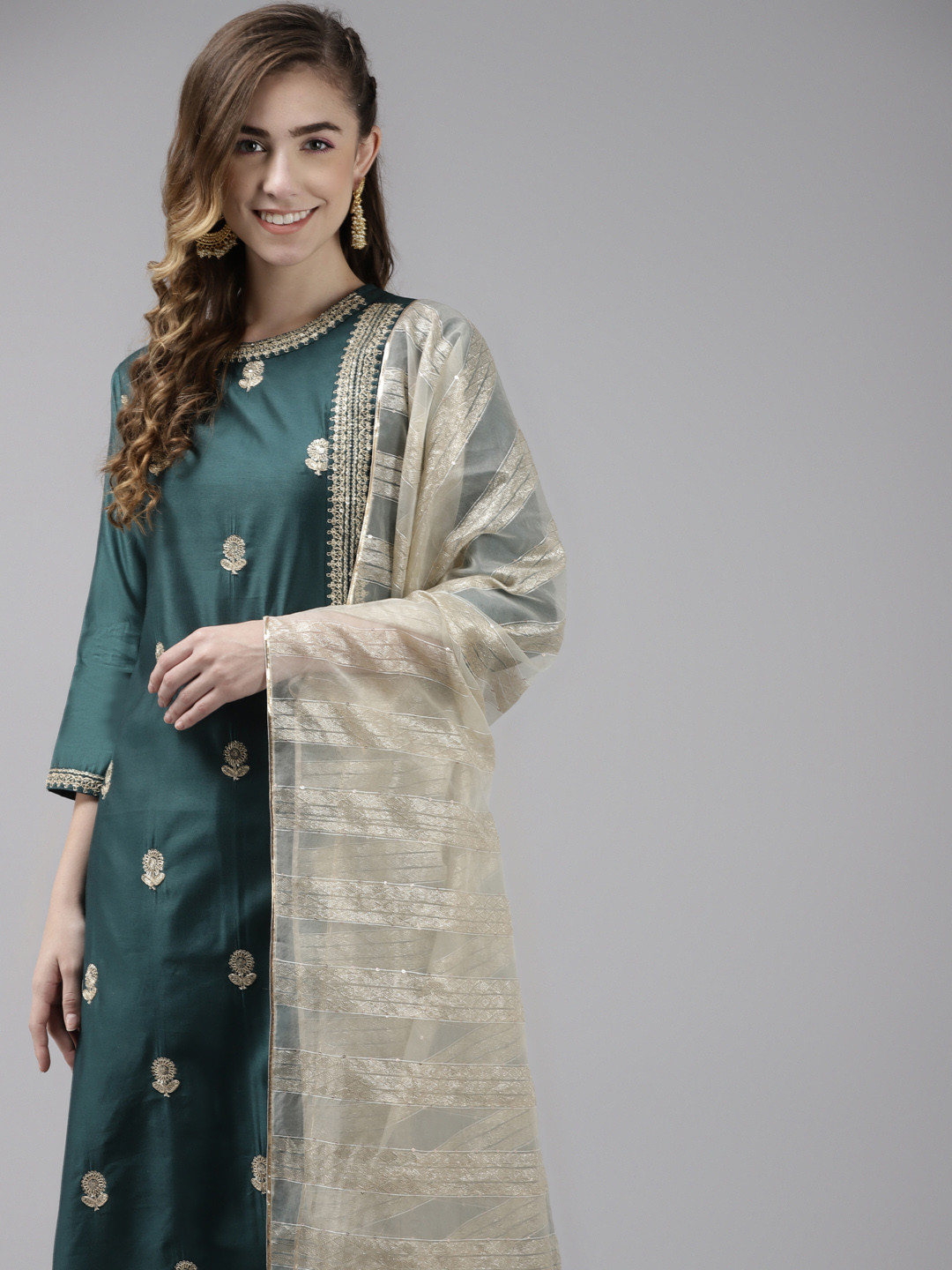 

Indo Era Women Green & Golden Floral Embroidered Liva Kurta with Trousers & With Dupatta