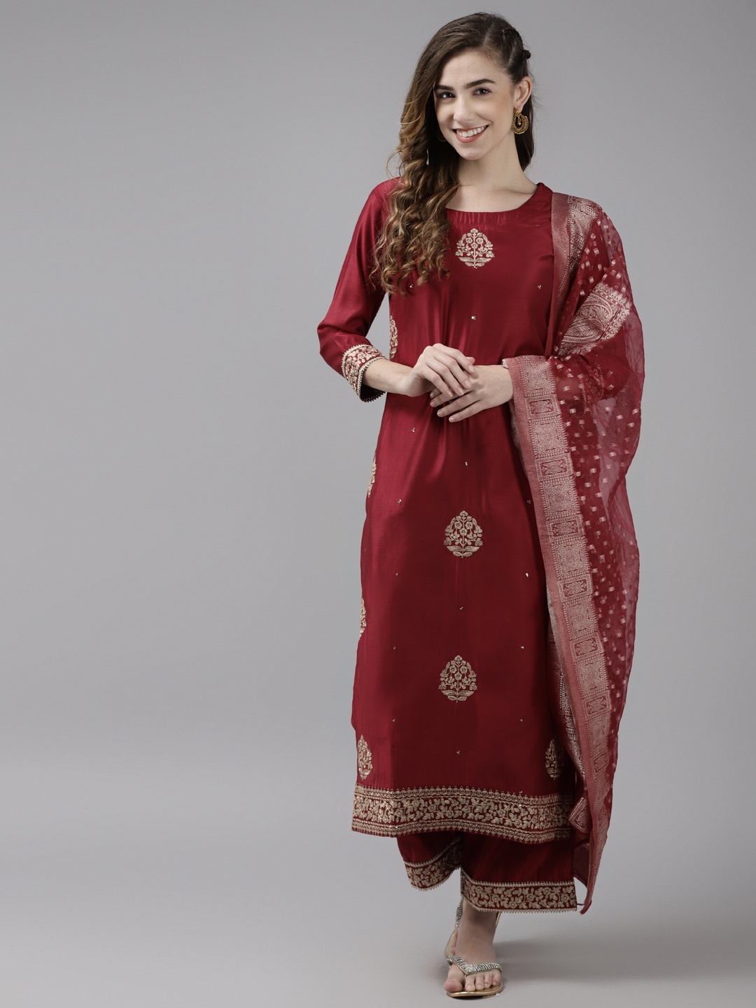 

Indo Era Women Red Ethnic Motifs Embroidered Kurta with Palazzos & With Dupatta