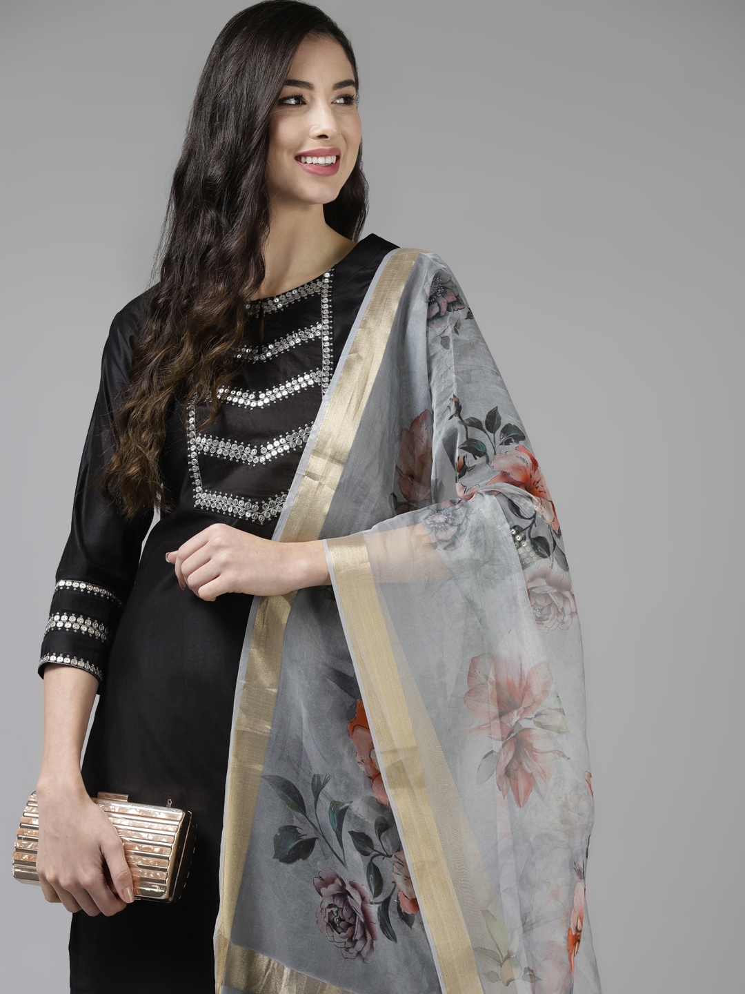 

Indo Era Black Striped Sequinned Yoke Design Liva Straight Kurta with Trousers Dupatta