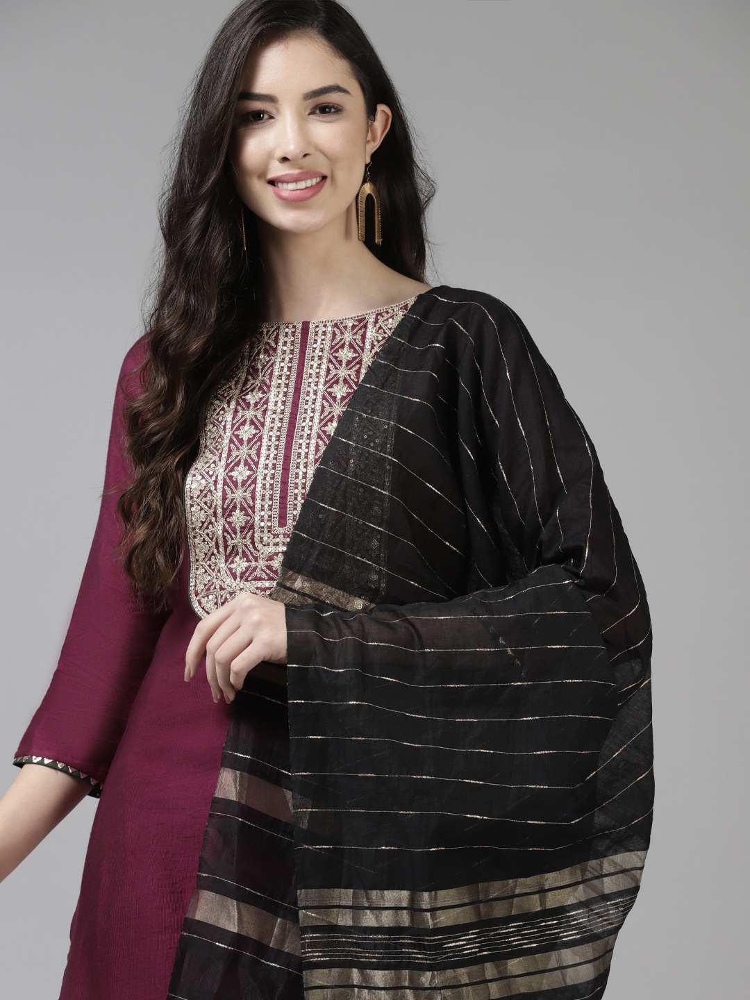 

Indo Era Purple & Gold Striped Yoke Thread Work Liva Straight Kurta Trousers & Dupatta