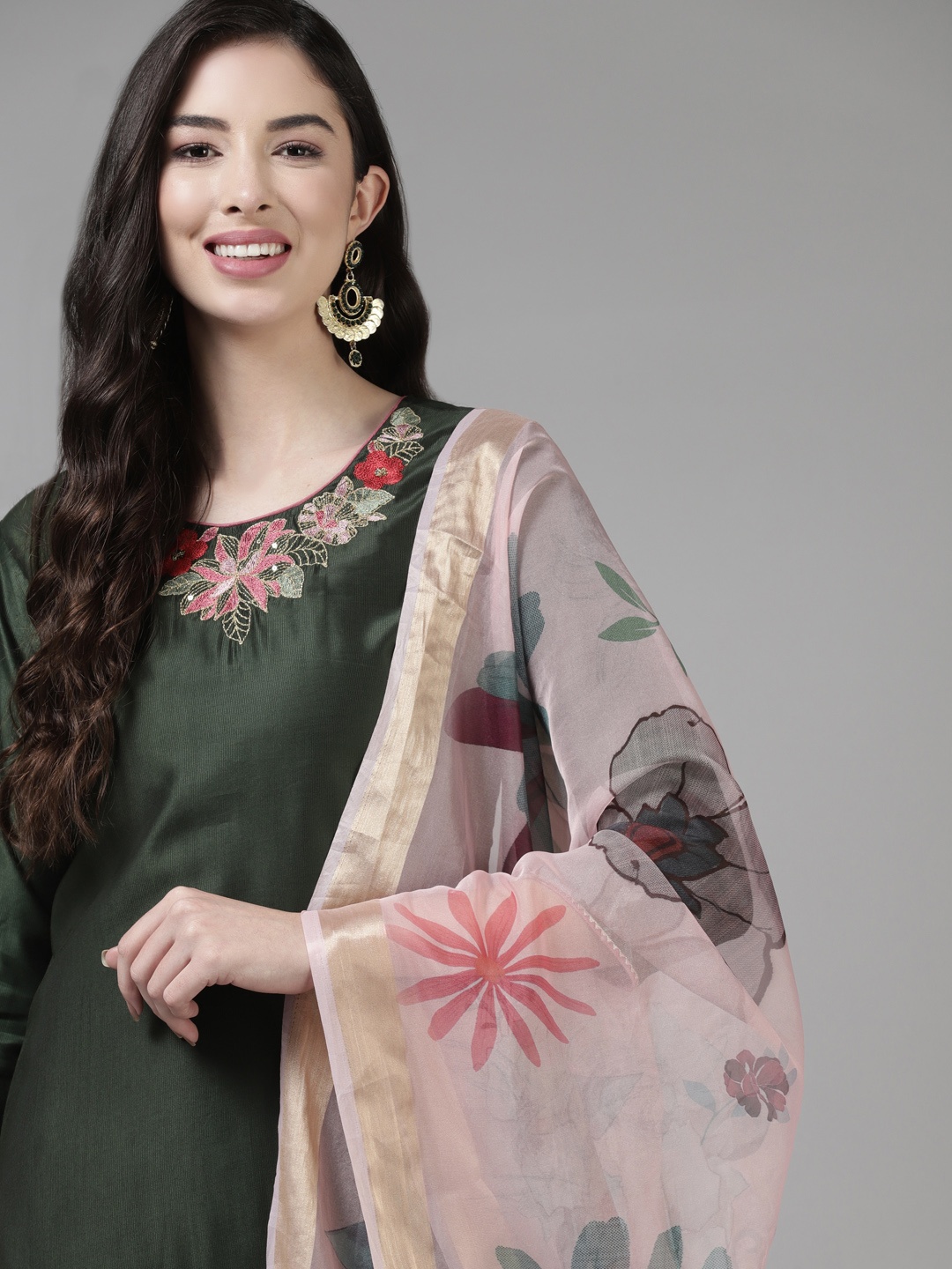

Indo Era Green & Pink Self-Striped Embroidered Liva Kurta with Palazzos & Dupatta