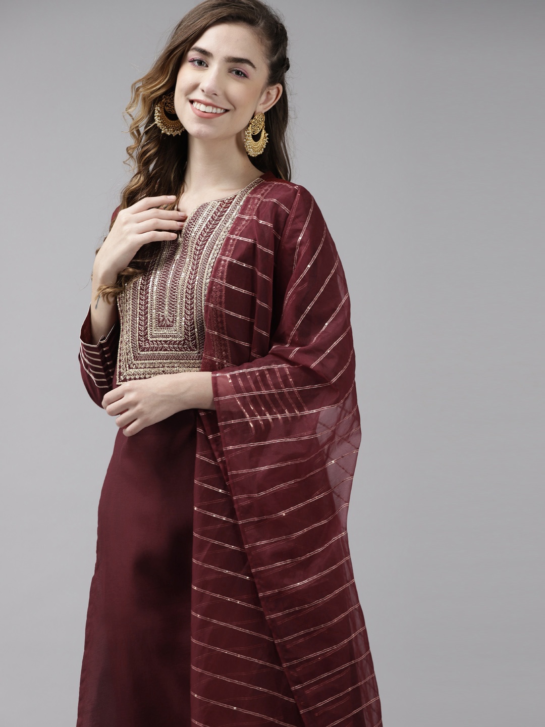 

Indo Era Women Maroon Ethnic Motifs Embroidered Kurta with Palazzos & With Dupatta