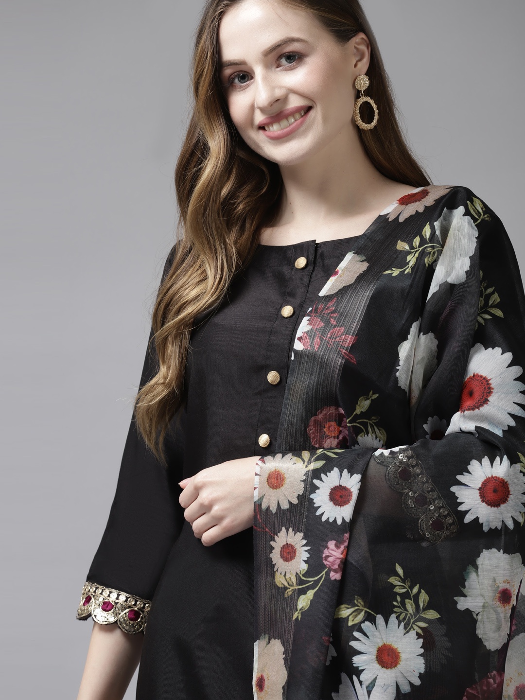 

Indo Era Women Black Floral Pure Cotton Kurta with Palazzos & With Dupatta