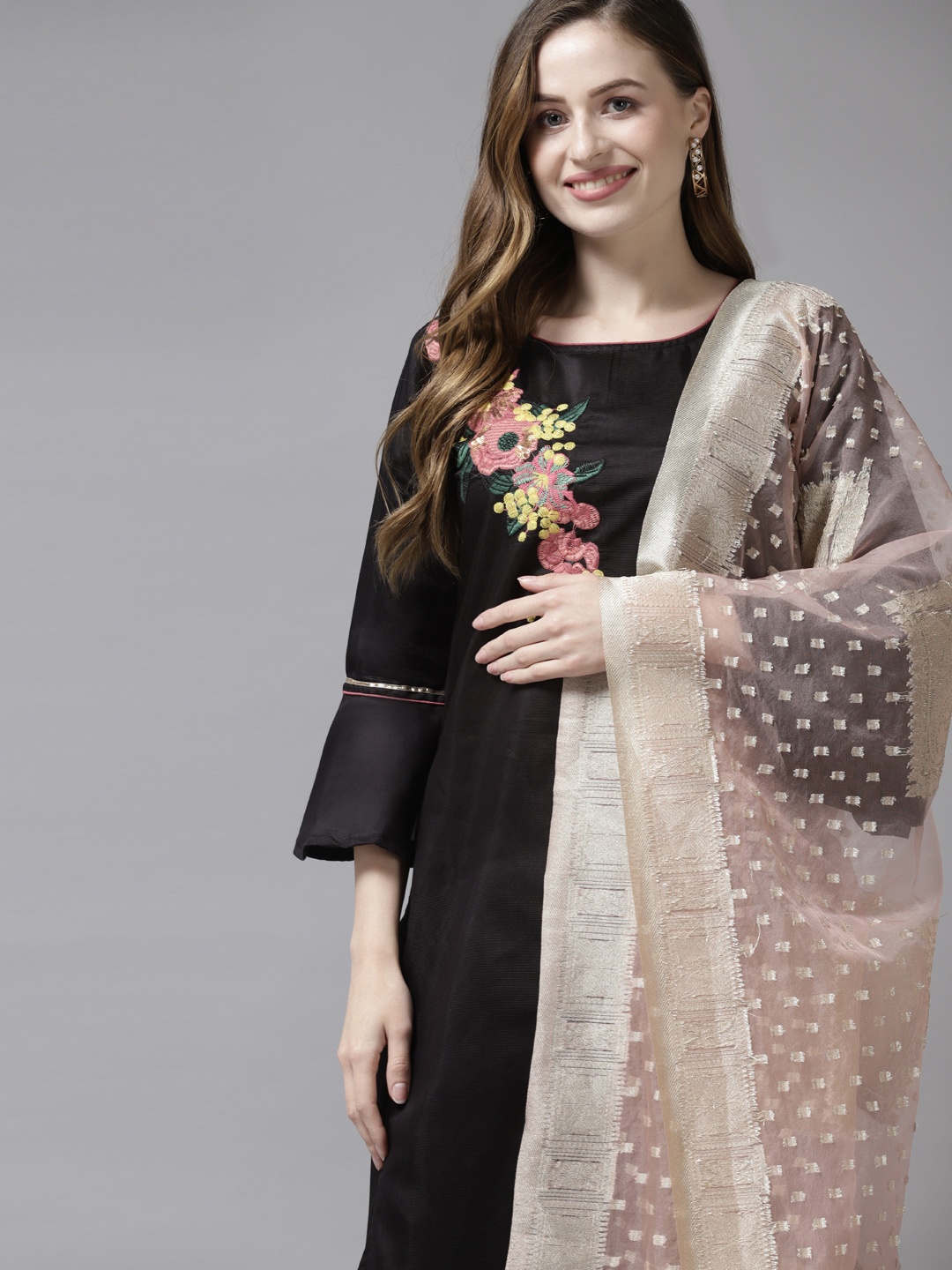 

Indo Era Women Black Floral Embroidered Liva Kurta with Palazzos & With Dupatta