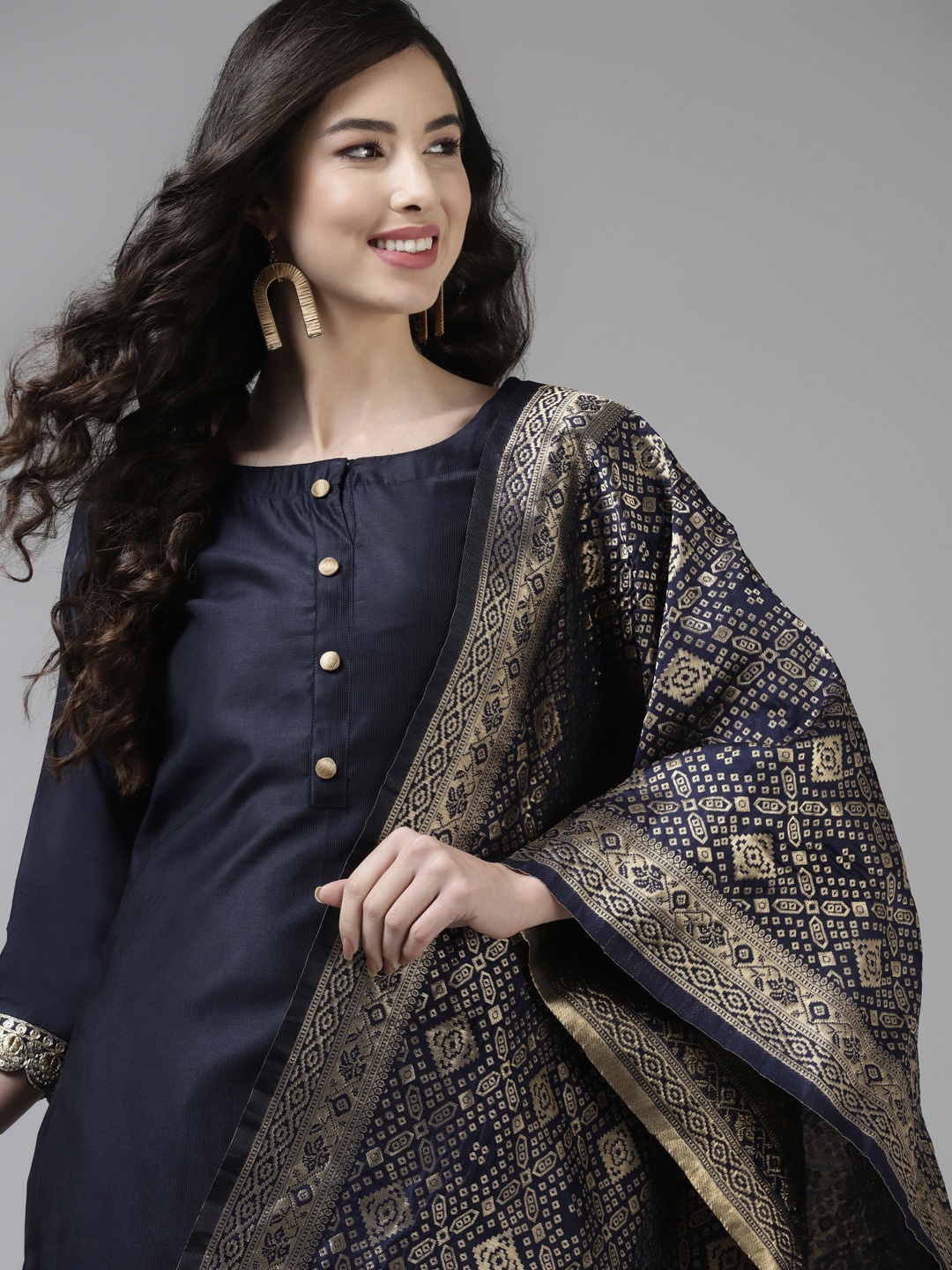 

Indo Era Women Navy Blue Sequinned Pure Cotton Kurta with Palazzos & With Dupatta