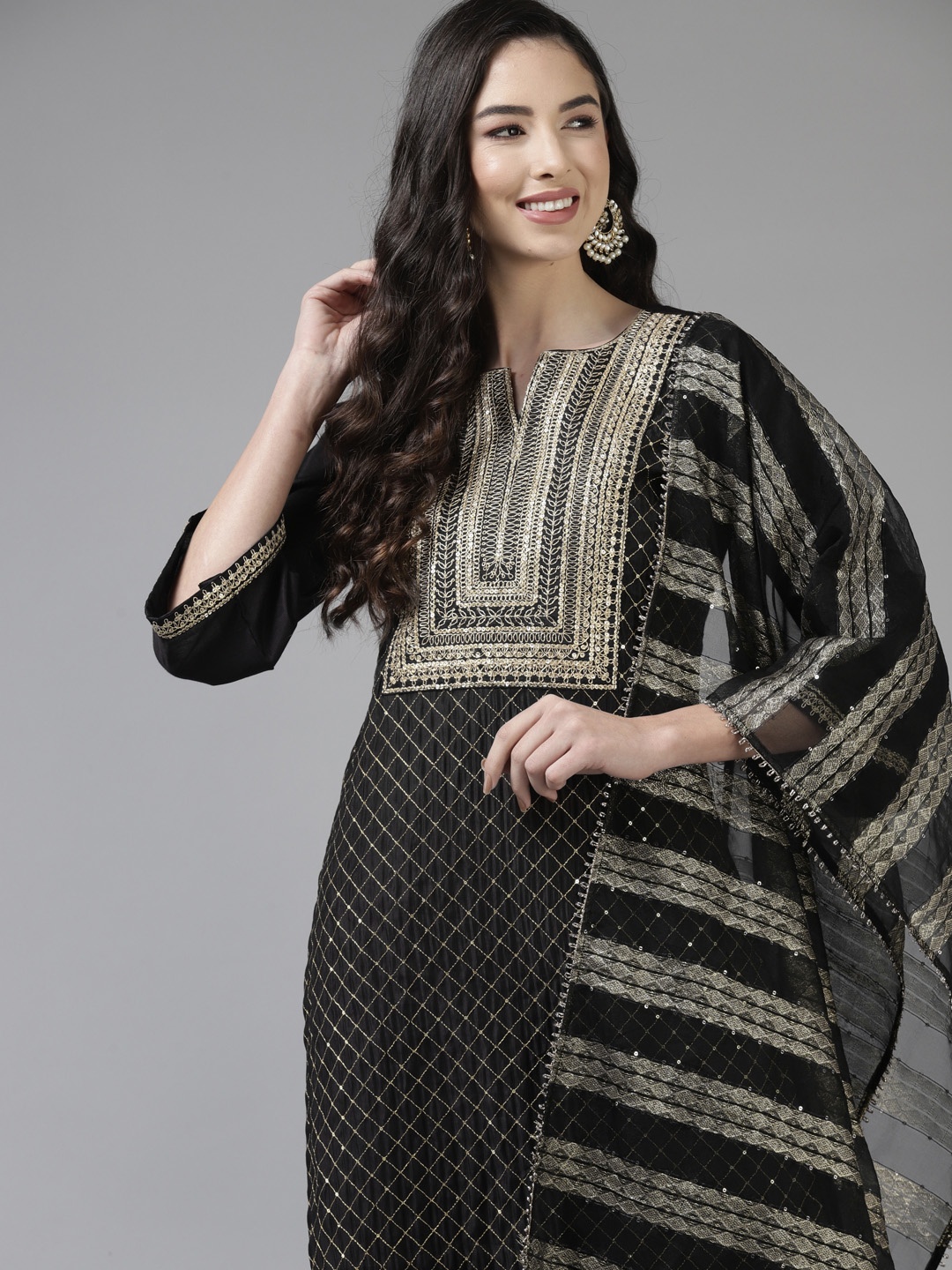 

Indo Era Women Black & Golden Embroidered Liva Kurta with Trousers & With Dupatta