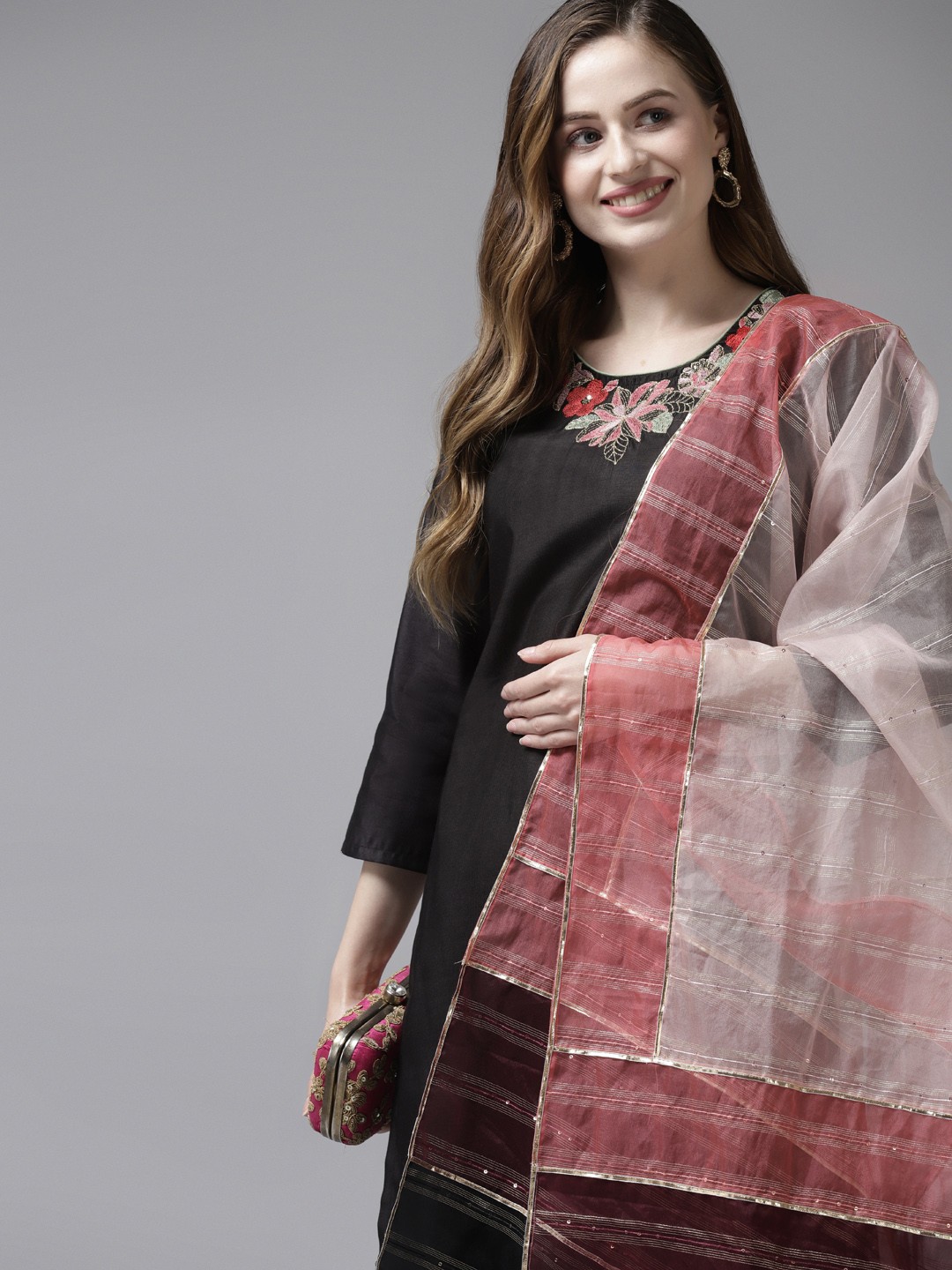 

Indo Era Women Black Striped Floral Thread Work Liva Straight Kurta Palazzos Dupatta